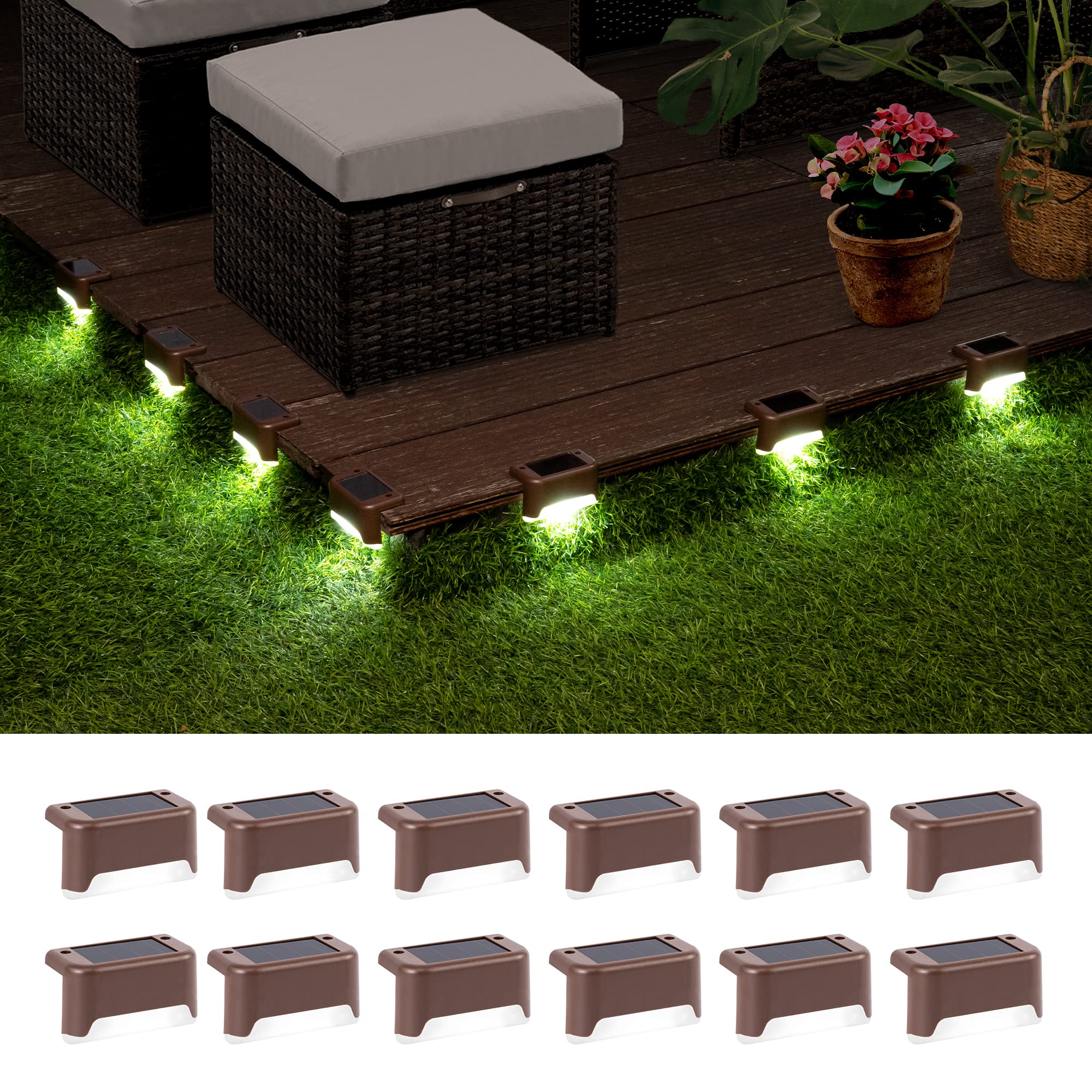 Gigalumi 12 Pcs Solar Deck Lights, Bronze Finished Waterproof Led Solar Lamp For Outdoor Pathway, Yard, Patio, Stairs, Step And Fences. (Cool White)