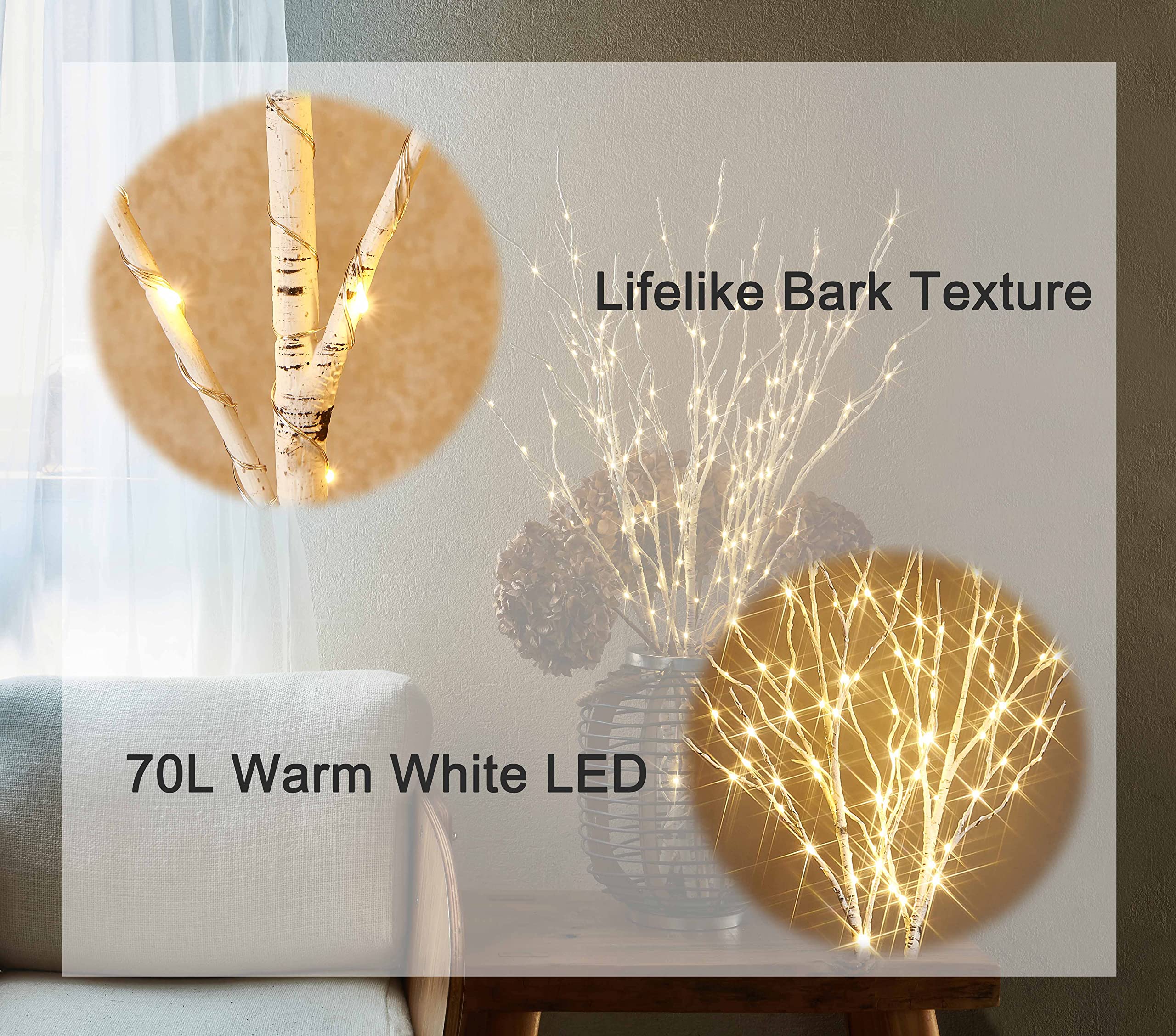 Baolitvine Lighted Birch Branches With Timer 70 Fairy Lights 18In, Twig Lights For Indoor Outdoor Home Christmas Wedding Vase Decorations