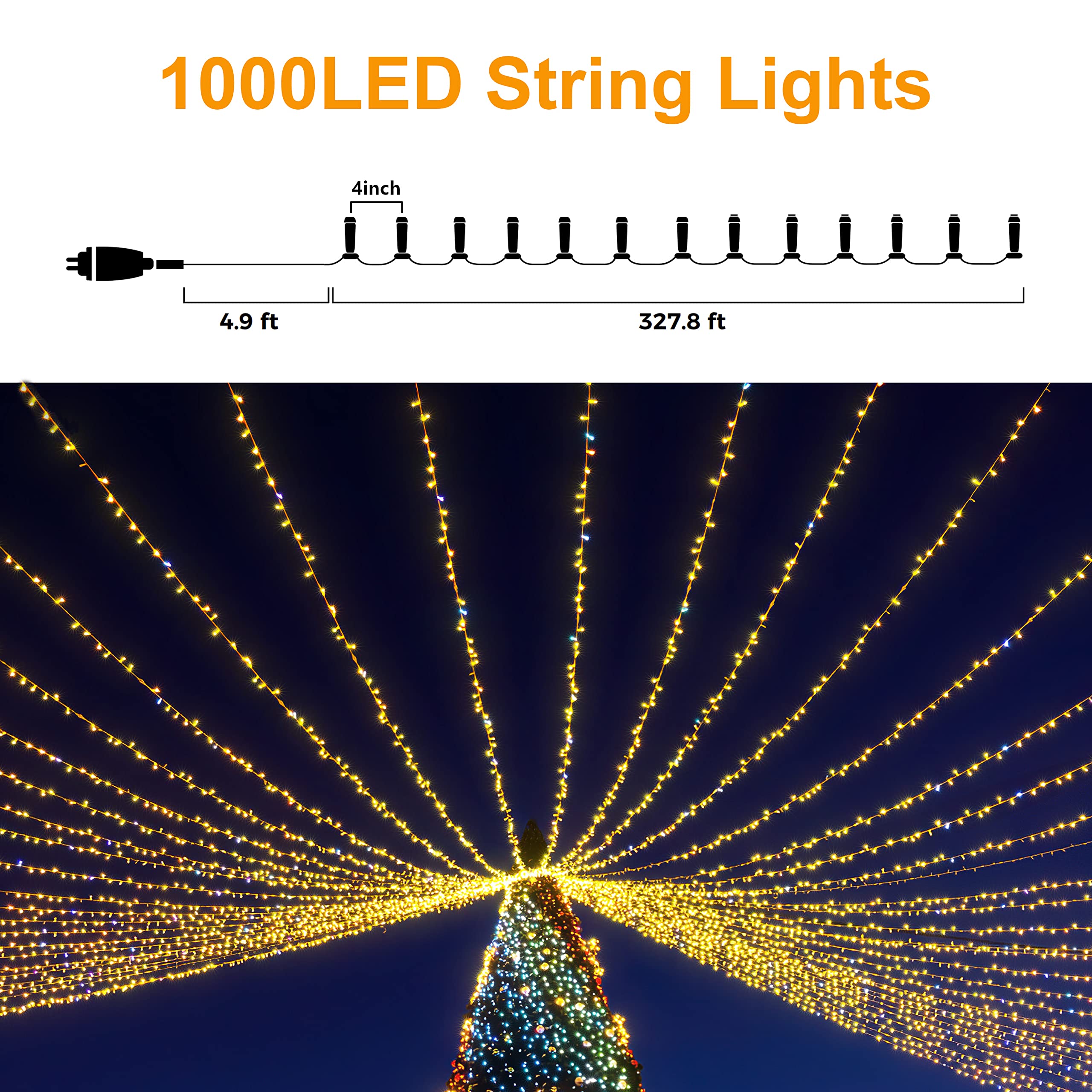LIGHTSHARE 1000LED String Lights, Warm White, 328FT, 8 Modes, Green Wire, Model LZZK-IR21-13-01