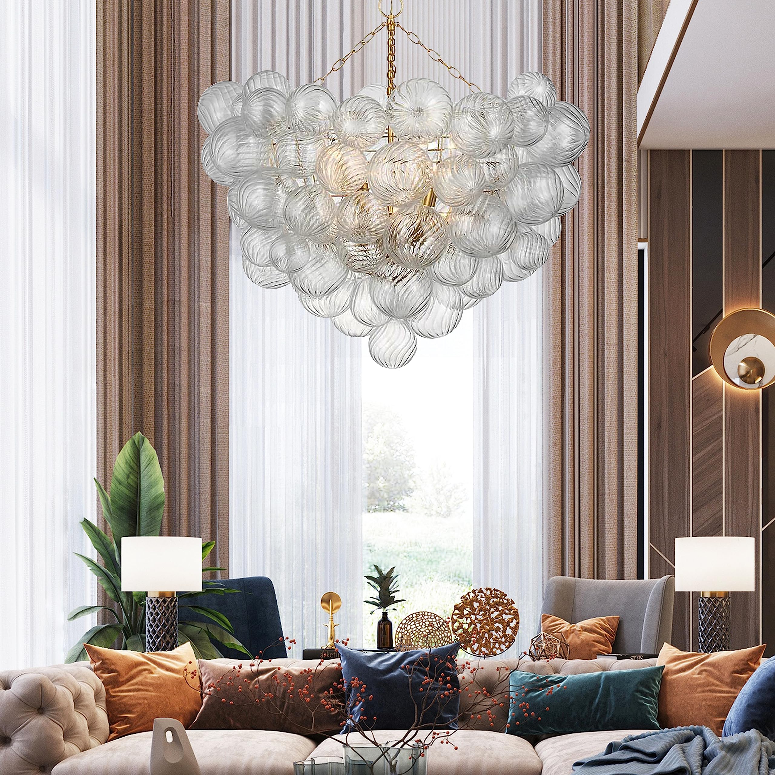 Longree Nordic Bubble Ball Swirled Glass Chandelier, Dia 36 Inch Gild Gold And Clear Blown Glass Large Pendant Light Fixture For