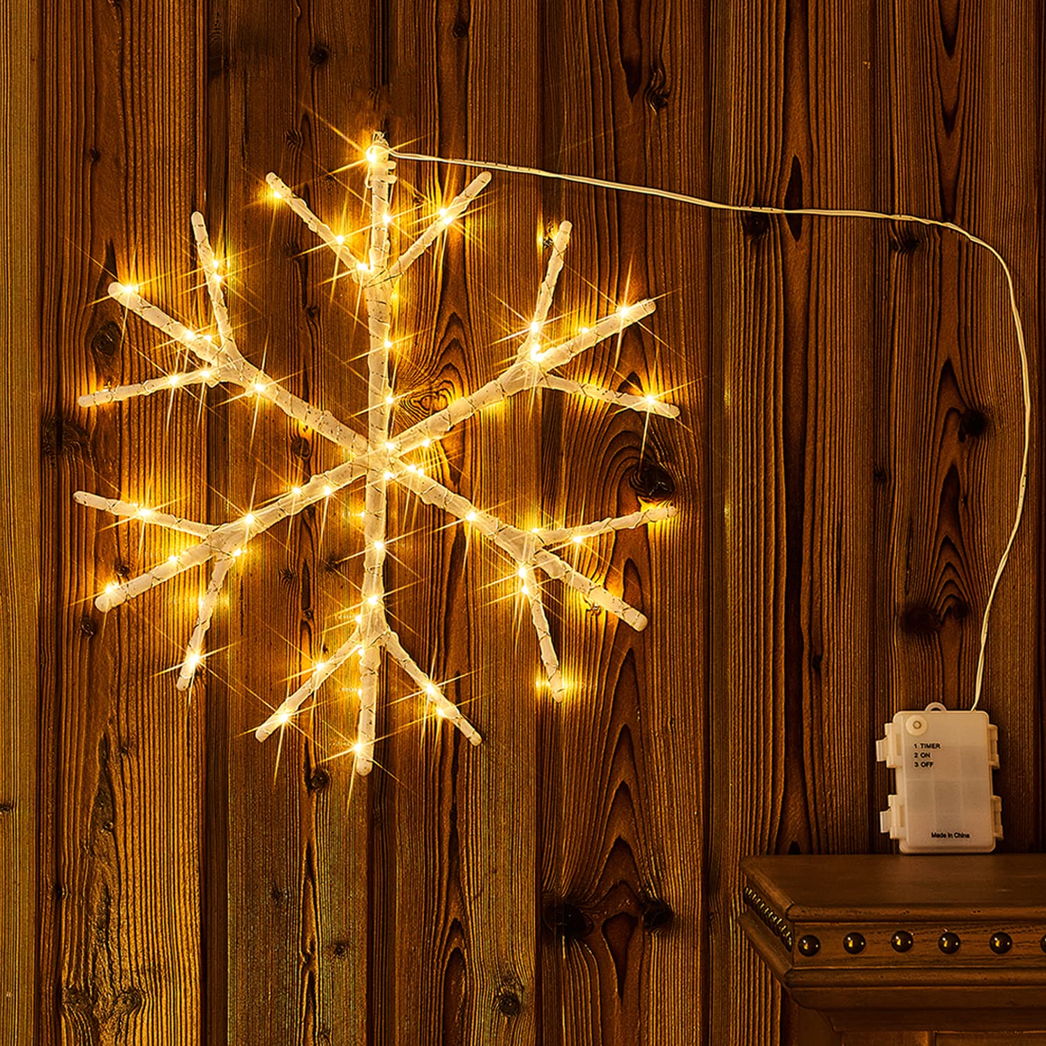 Fudios Snowflake Lights Warm White Battery Operated With Timer 70 Led 14In For Christmas Wall Window Decoration 2Sets