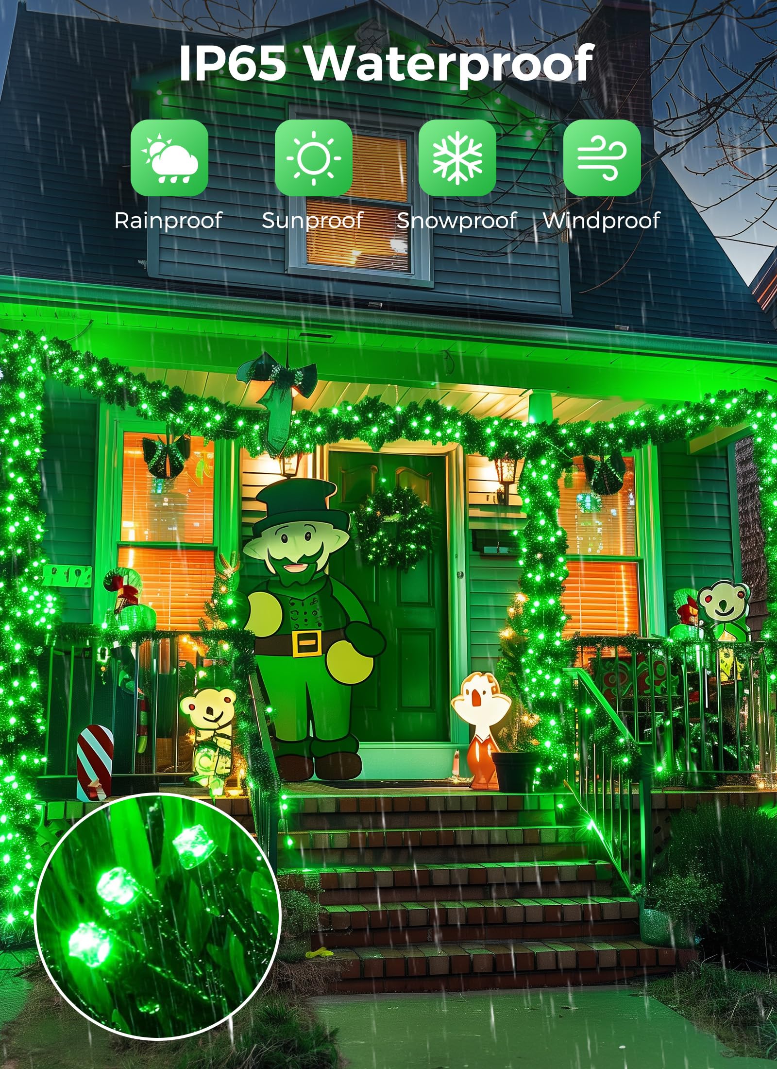 Minetom Solar String Lights Outdoor - 2 Pack Total 80Ft 200 Led String Lights Solar Powered With 8 Lighting Mode,String Lights For St Patrick Decoration,Waterproof Solar Lights For Outside Tree, Green