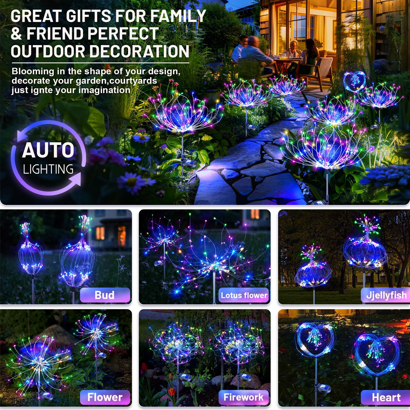 Anordsem Solar Garden Lights - 4 Pack Waterproof Copper Wire with 120 LED Beads, Multicolor, Model FL-20250328, Perfect for Outdoor Decoration