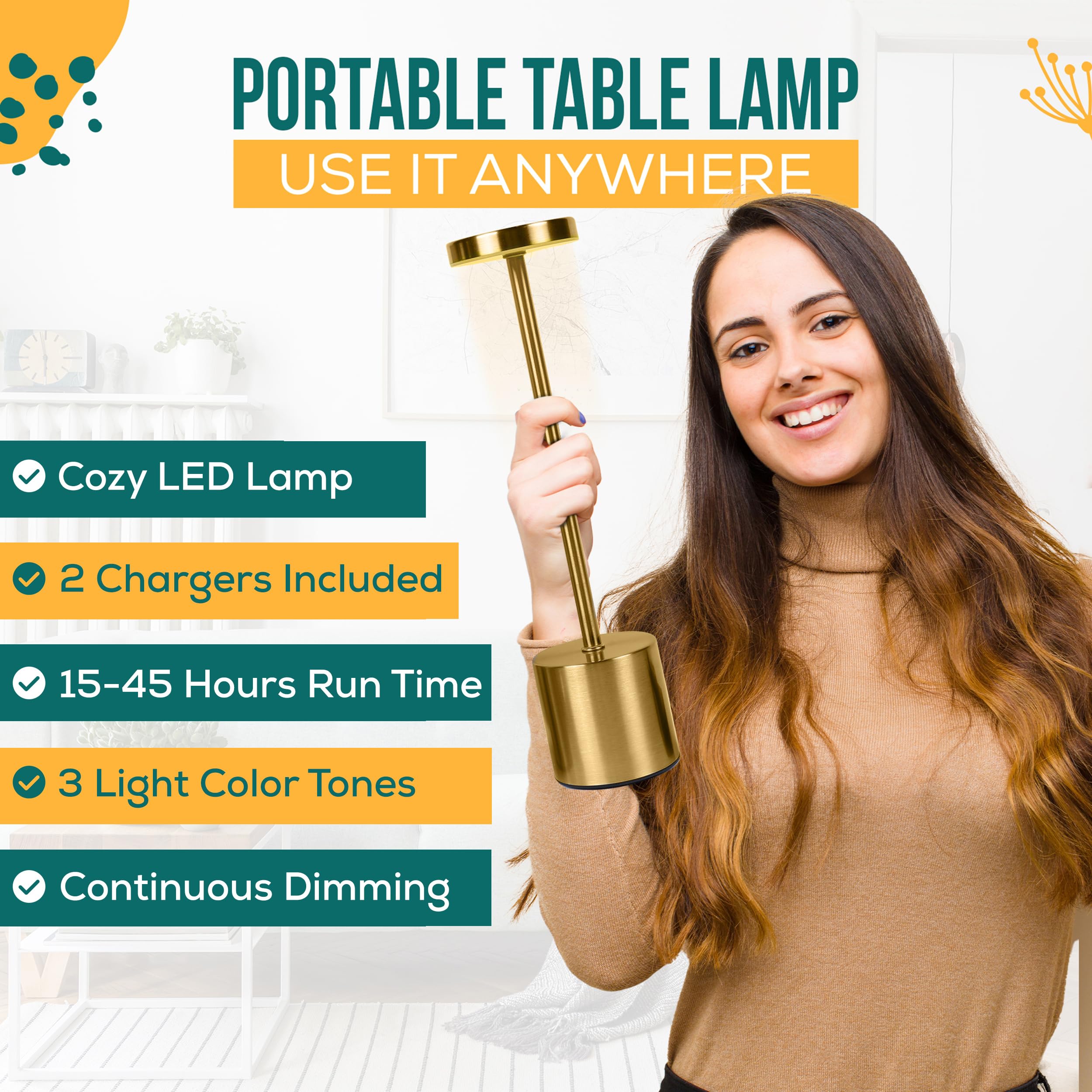 Cordless Table Lamp Pack Of 2 (Gold) Rechargeable Lights - Set Of 2 Usb Chargers Included - Led 3-Color Dimmable Lamps For Resta