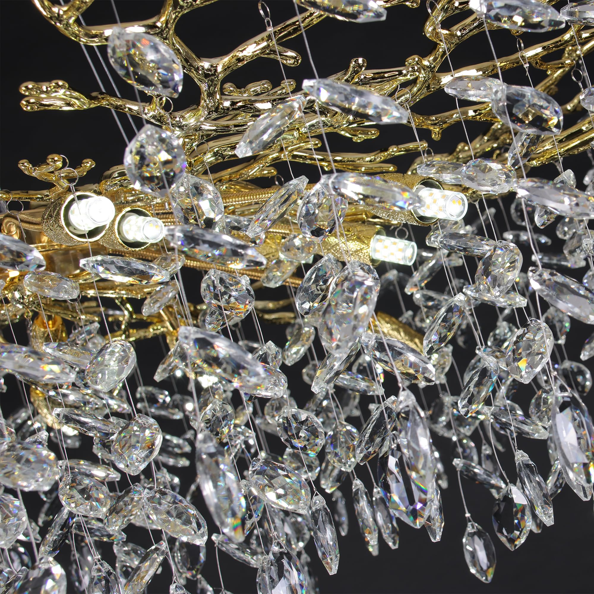 Puvaue Crystal Tree Branches Chandeliers Round Gold Raindrop Pendant Light Fixture 15 Lights For Dining Room Bedroom Living Room