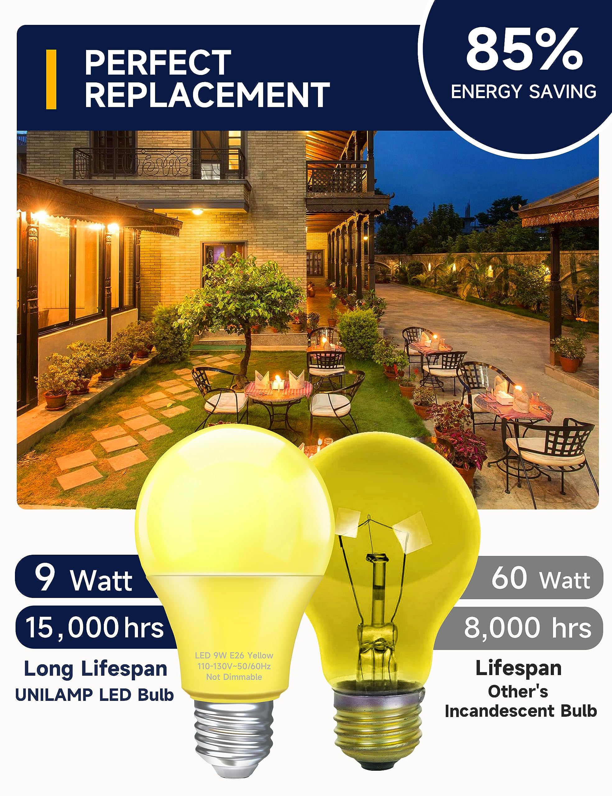 Unilamp Yellow Led Bug Light Bulbs, A19 Outdoor Yellow Bug Light Bulb, 9W Equivalent 60W, Yellow Bug Light Bulbs For Outside, E26 Base For Porch, Holiday Party Decoration, Non-Dimmable, 4 Pack