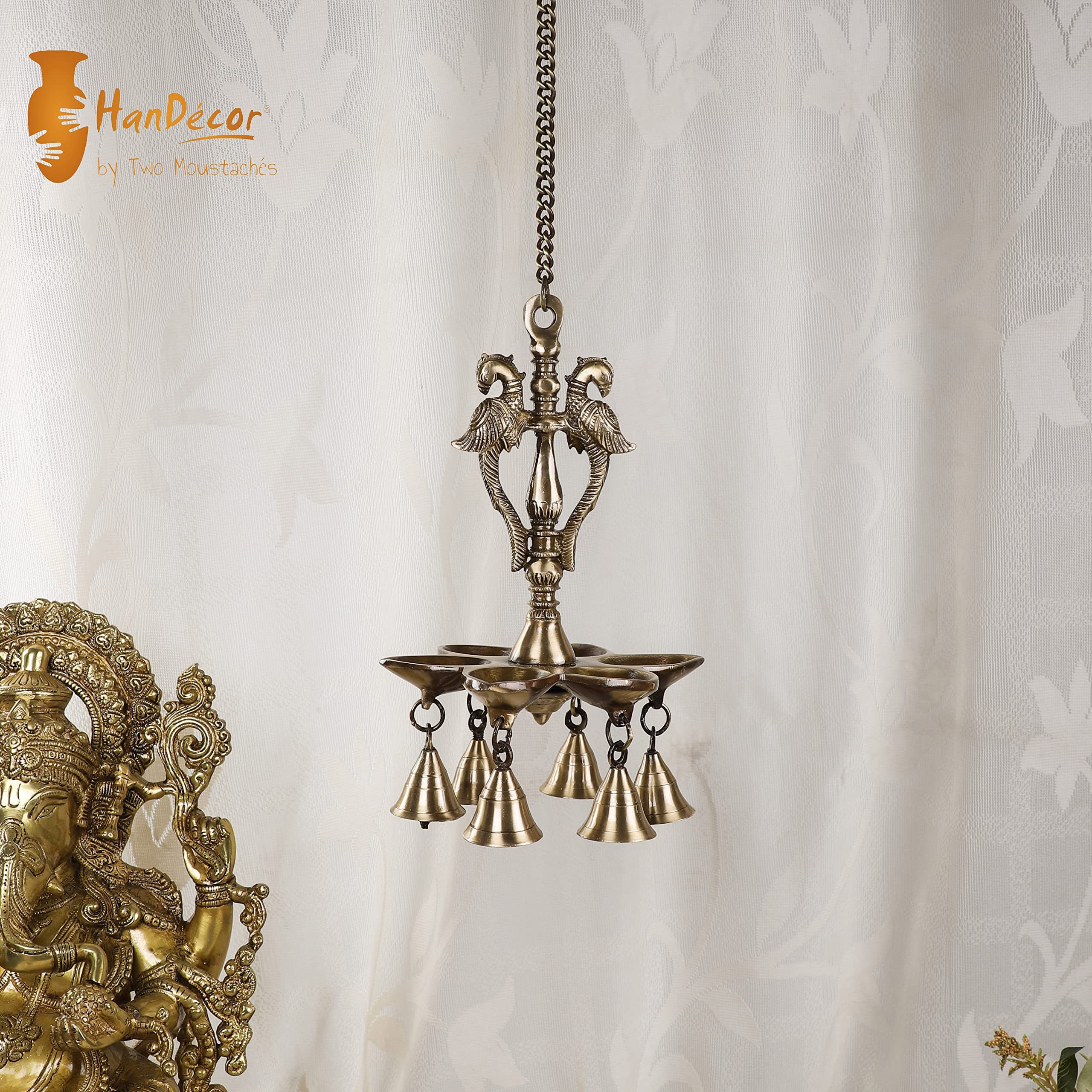 Two Moustaches Twin Peacock Design Brass Hanging Diya, Hanging Diyas for Decoration, Standard, Pack of 1