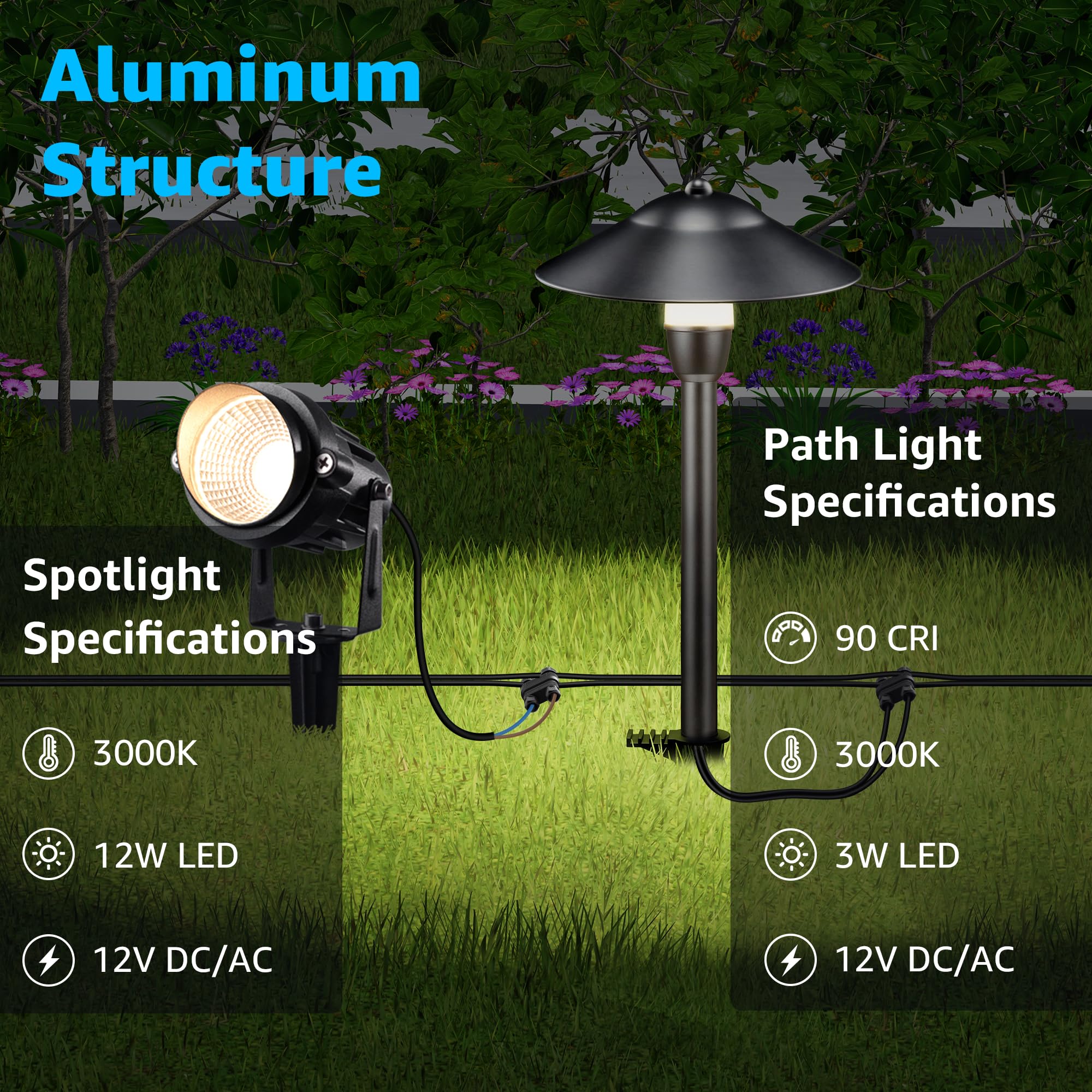 SUNVIE LED Landscape Lights, Low Voltage Aluminum Pathway Lights, Waterproof, 12 Pack, Black, Model 2741e82b-6472-47a0-998f-fbef