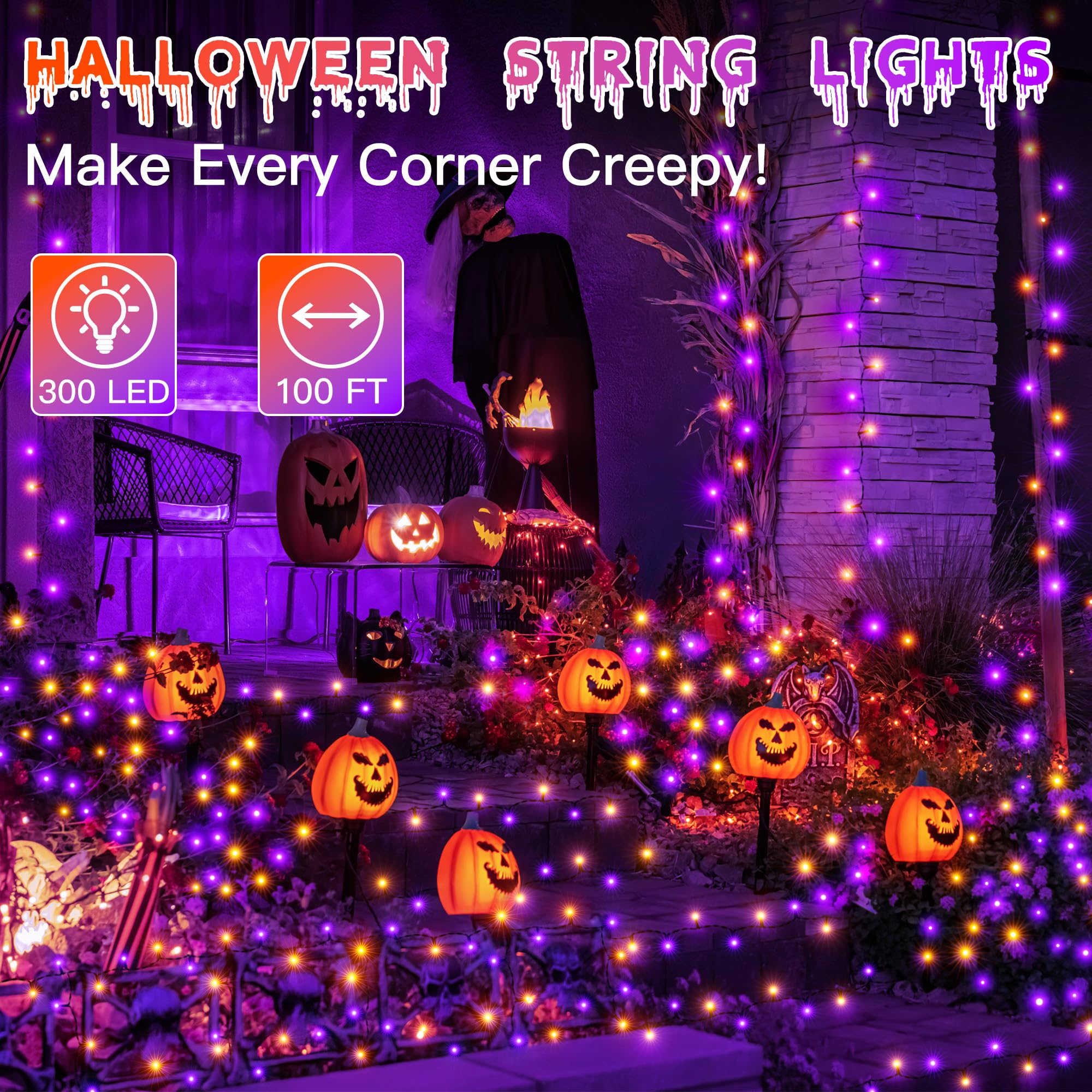 Ollny Halloween Lights Outdoor, 300 Led 100Ft Orange And Purple Halloween Decorations With 8 Modes Timer, Plug In Halloween Stri
