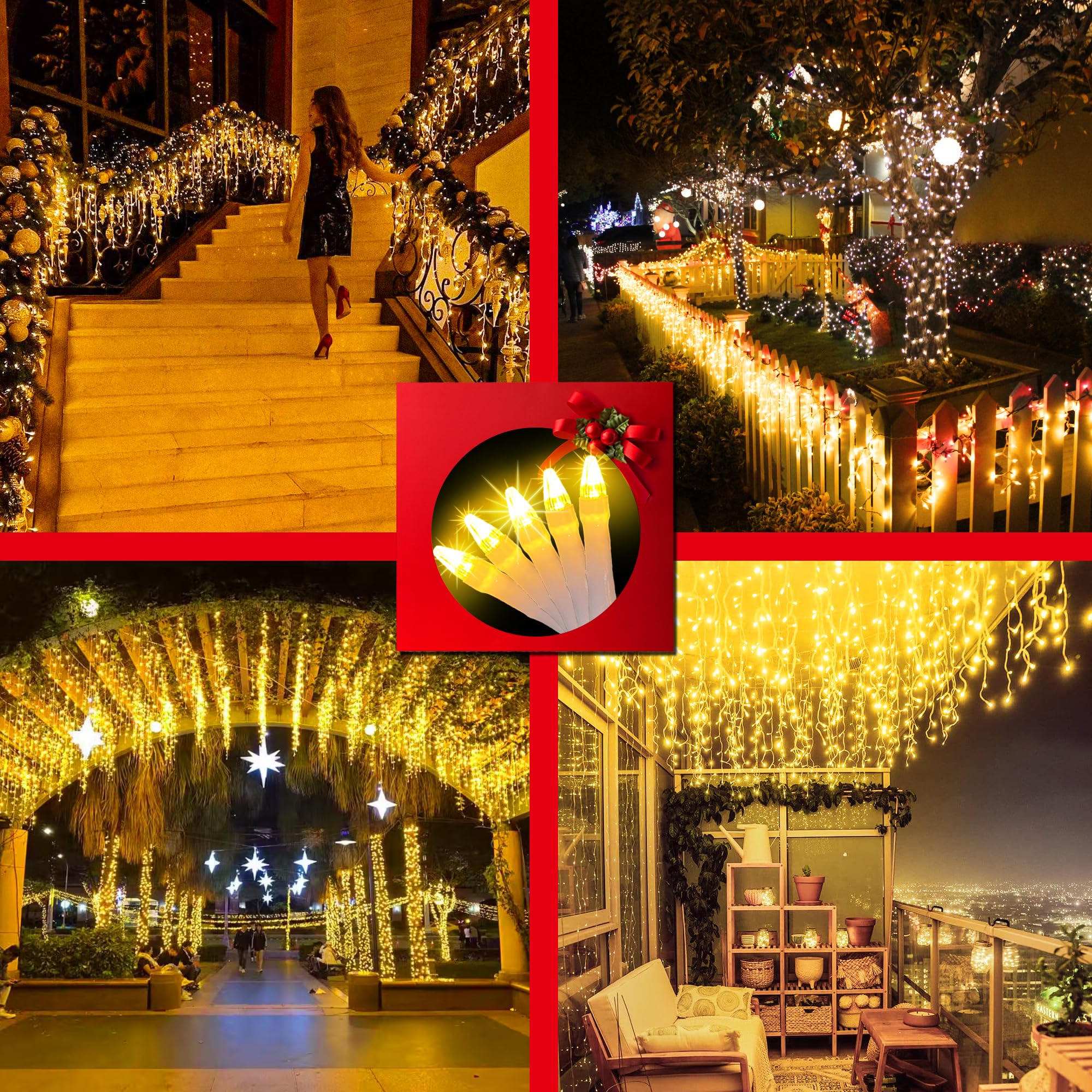 QUHUATU 1620 LED Christmas Outdoor Lights 164ft Curtain Lights 360 Drops Warm White Waterproof WX-1620L