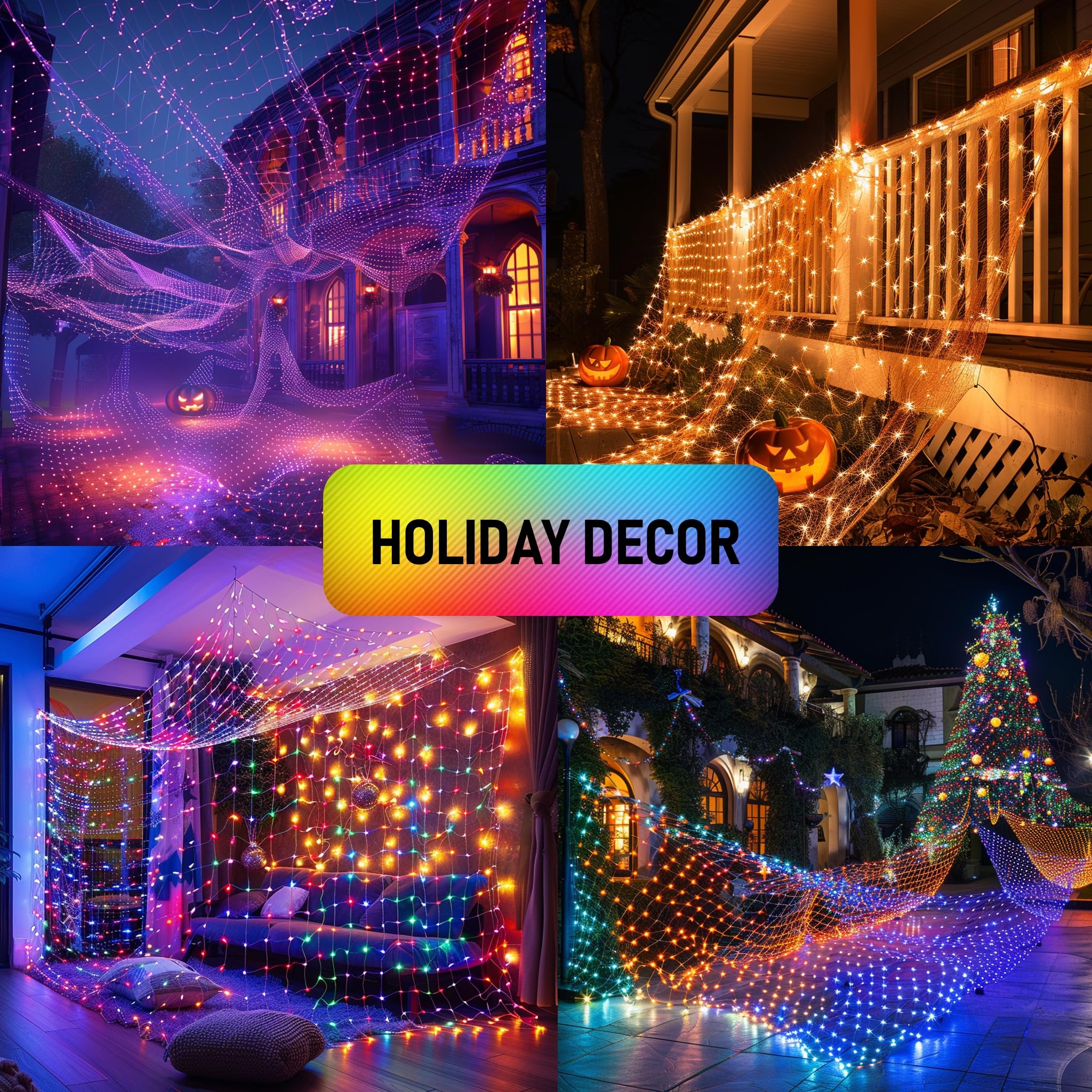 Dazzle Bright 360 LED Net Lights, 12FT x 5FT, Purple, Connectable, 8 Lighting Modes, Halloween Decorations