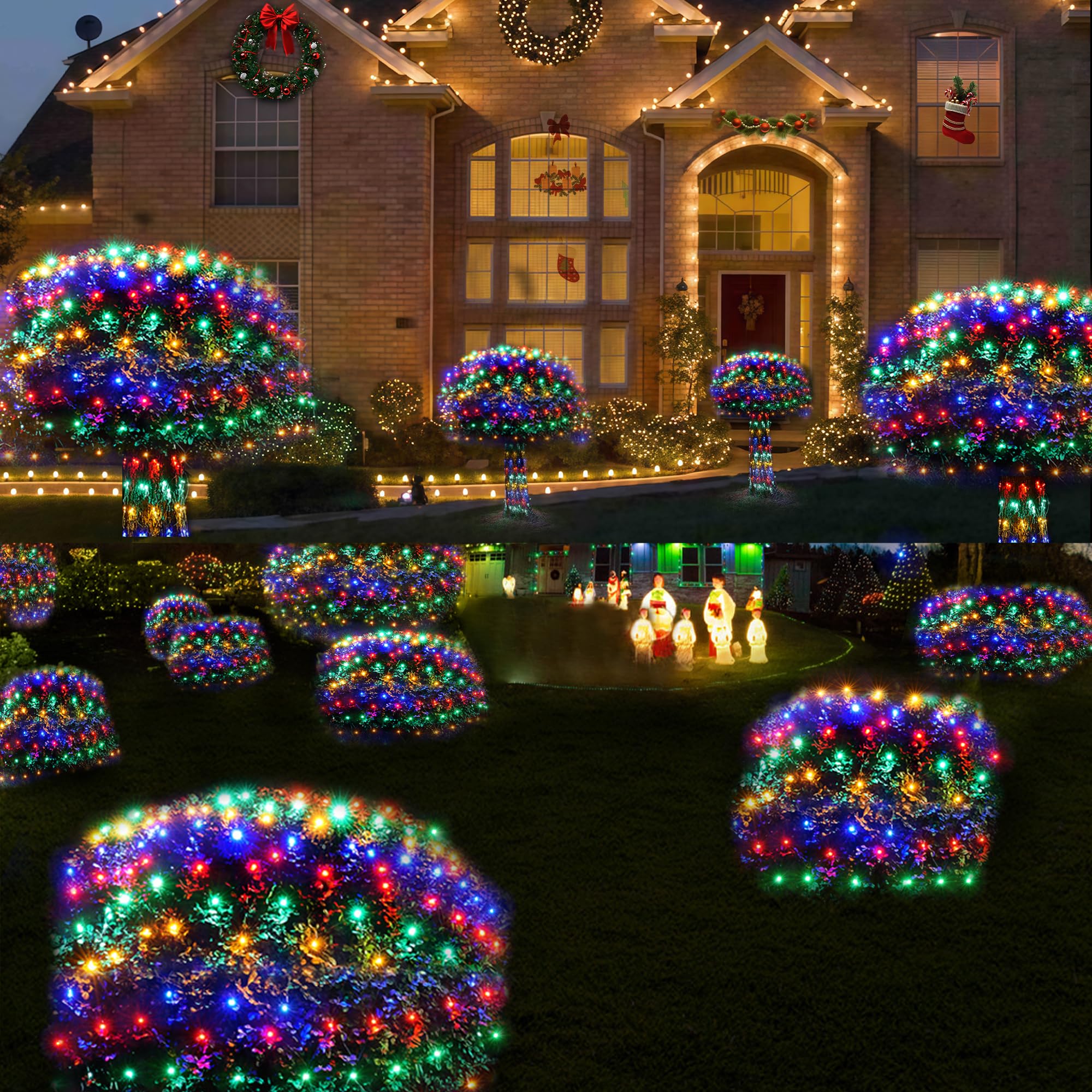 WBao Solar Christmas Net Lights, 360LED, 11.5ft x 6.9ft, Multicolor, 8 Lighting Modes, Waterproof, Remote Control