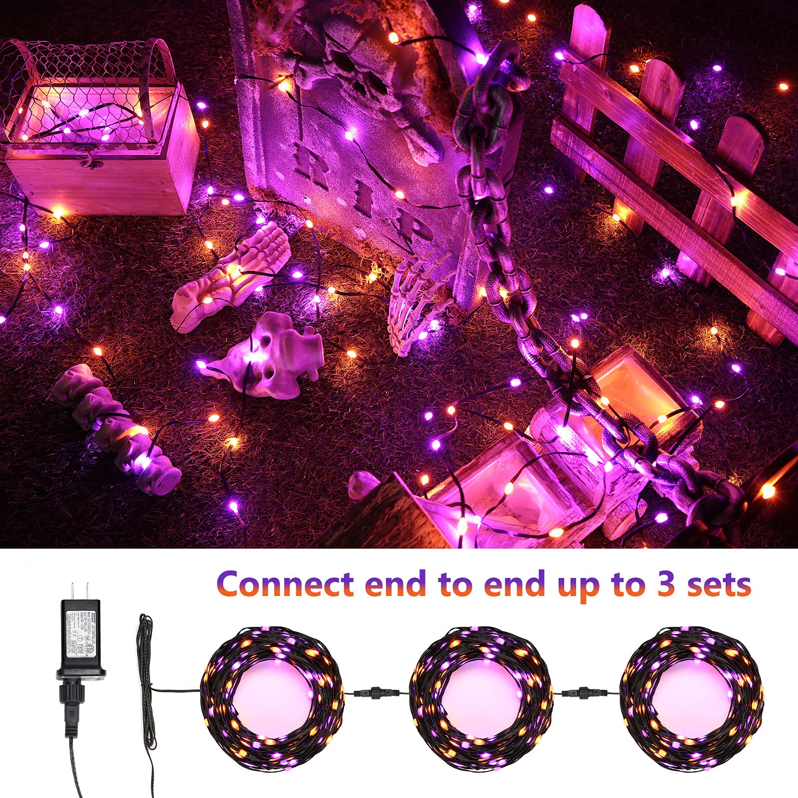 Brizled Orange & Purple Halloween String Lights - 72Ft 200 Led Outdoor Connectable  8 Modes  Indoor Tree Black Wire For Party Haunted House Decor
