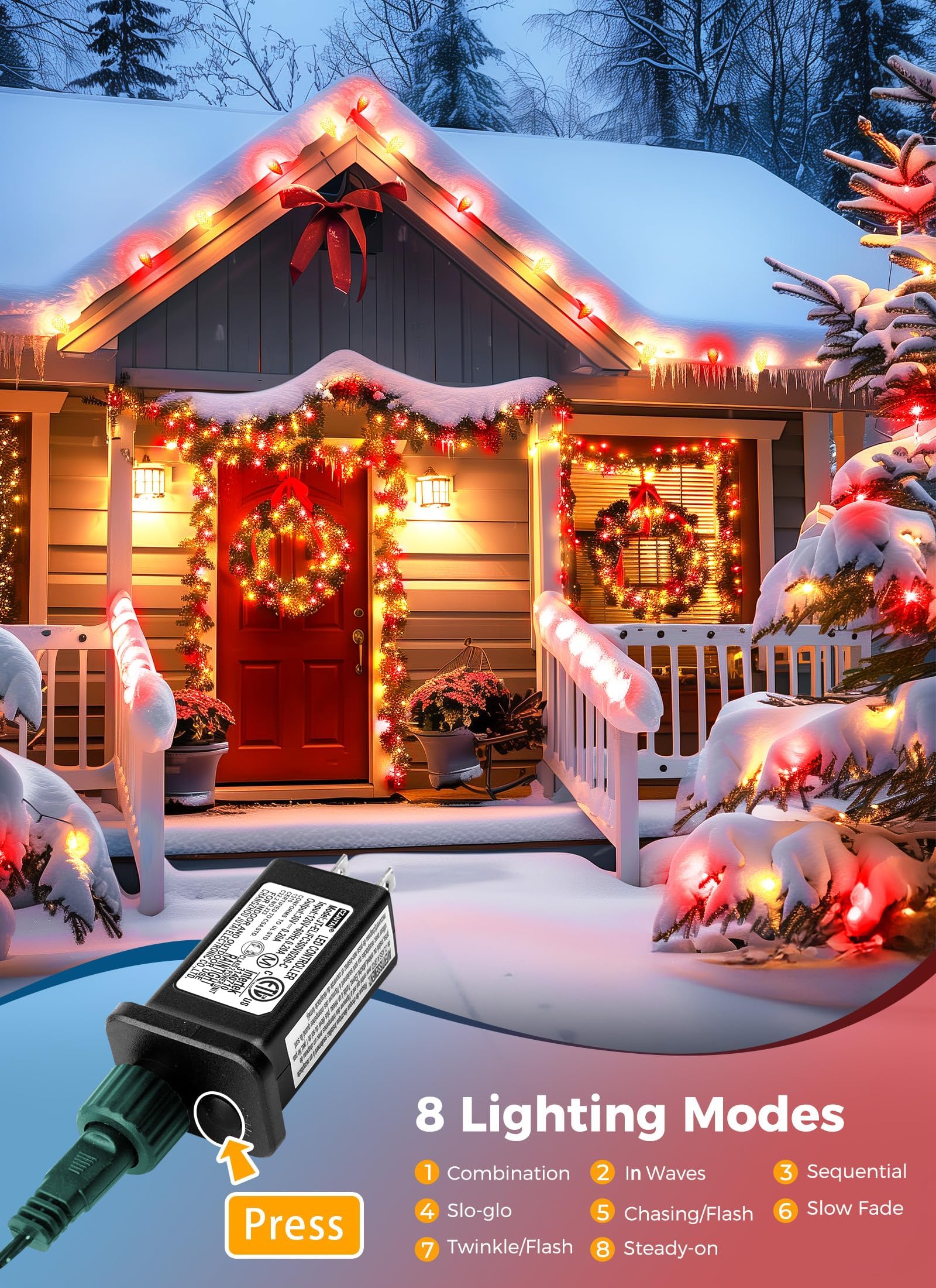 Minetom C9 LED Christmas String Lights - 82ft, 100 LEDs, Red and Warm White, 2 Pack, with Timer and 8 Lighting Modes