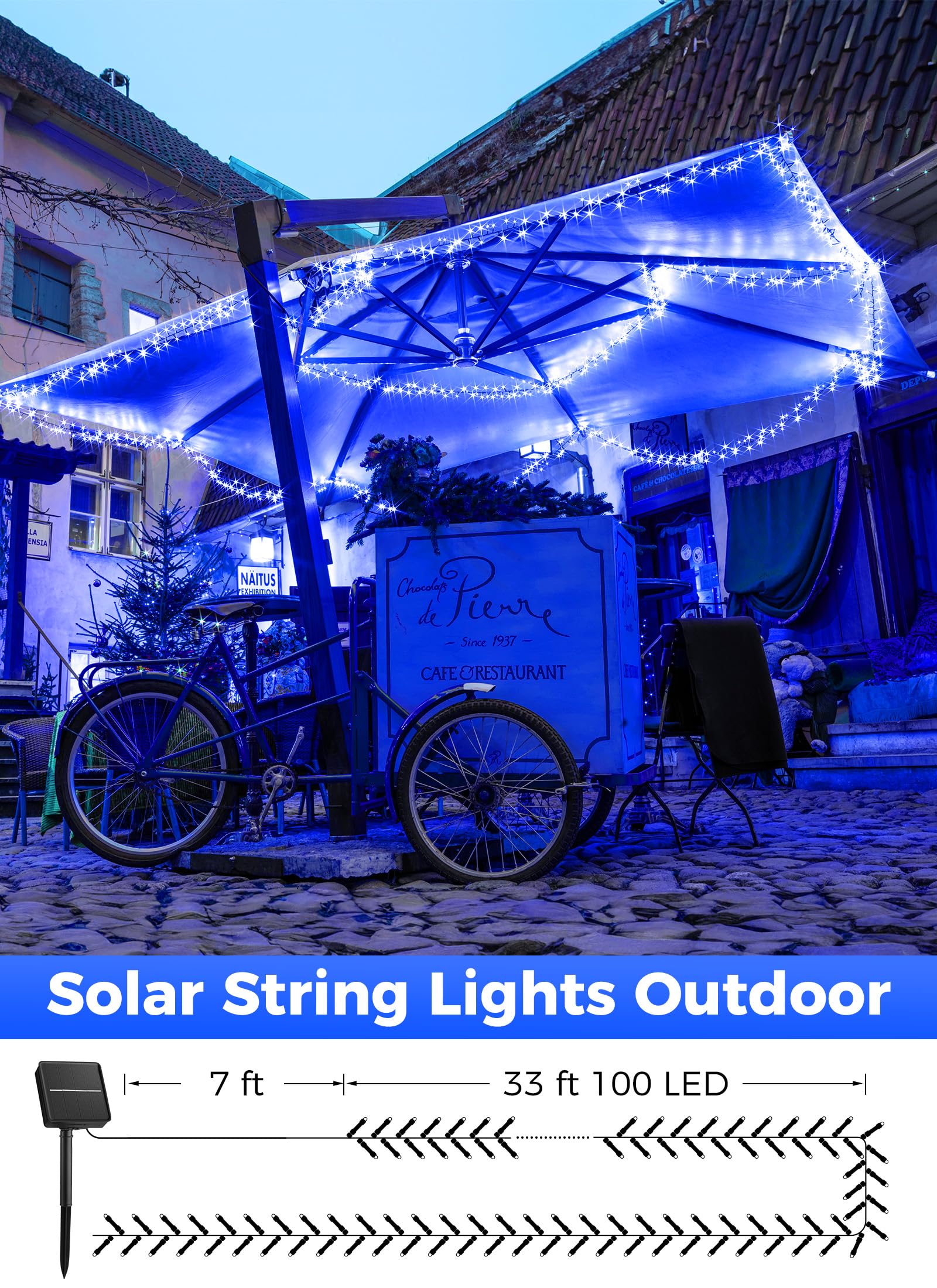 Minetom Solar String Lights, 40FT 100 LED, Waterproof, 8 Lighting Modes, Blue, Outdoor Patio Decoration
