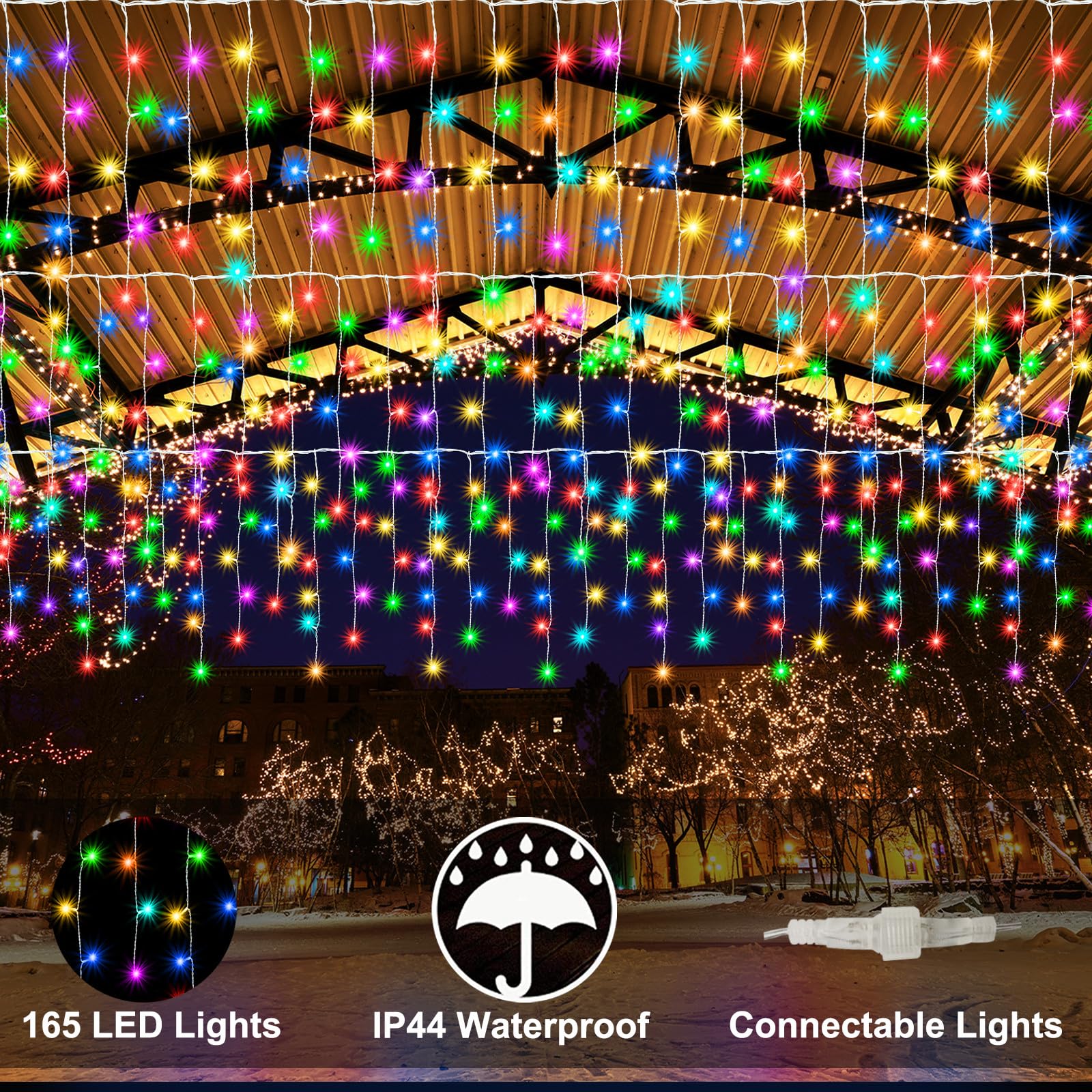 Pooqla Color Changing Icicle Lights, 165 LED 15.7FT RGB Waterproof String Lights for Outdoor Decoration, Remote Control, Model DENC-SL-2