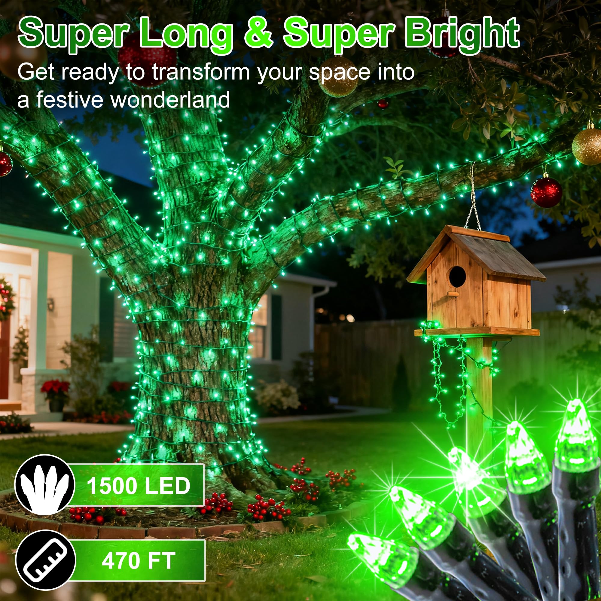 WUXYIYANG 1500 LED Christmas String Lights - 470FT Waterproof Green Wire, 12 Modes, Timer & Brightness for Outdoor Wedding Party Decor