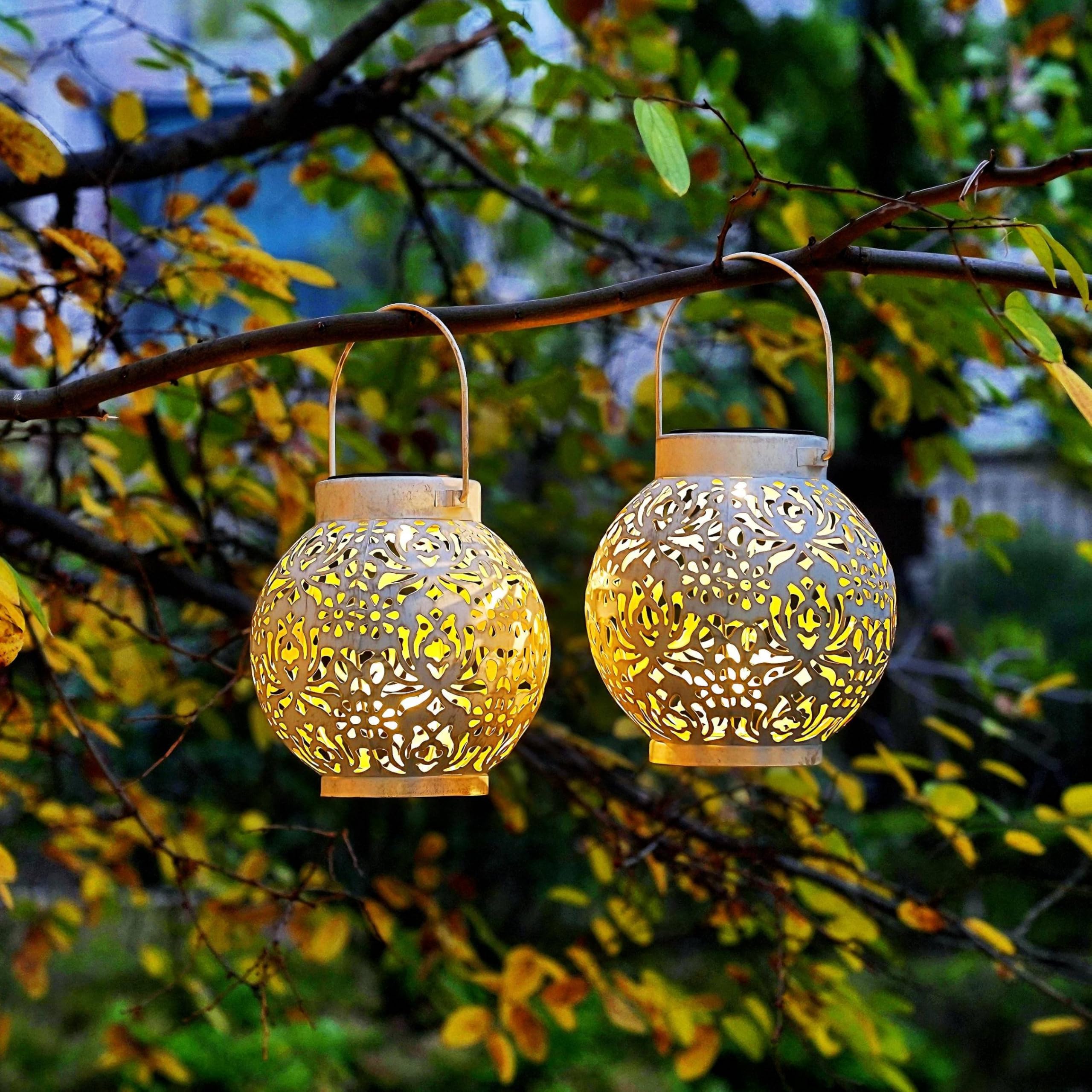 EXCMARK Set of 2 Outdoor Solar Hanging Lanterns, Metal LED Decorative Lights, Hollowed-Out Design, White, Floral Model