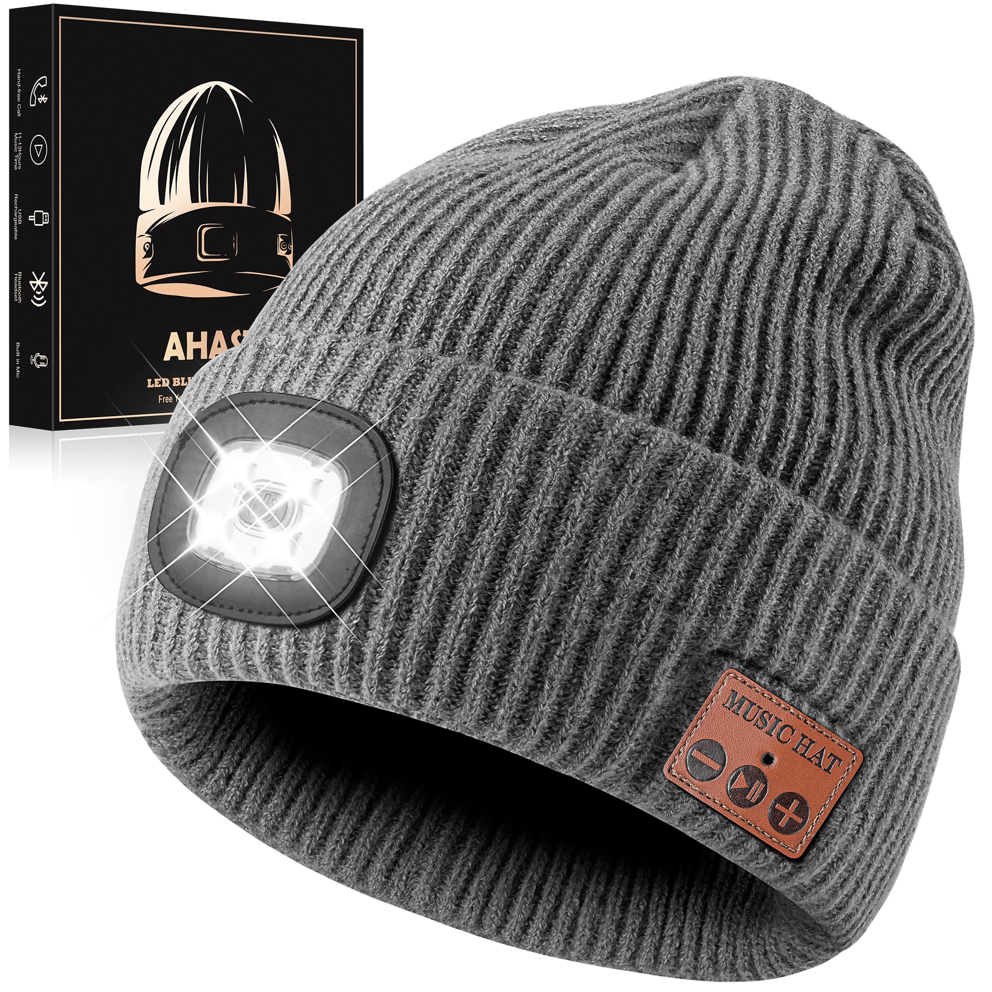 Ahasti Bluetooth Beanie Hat With Light, Rechargeable 4 Led Headlamp, Wireless Headphones - Grey