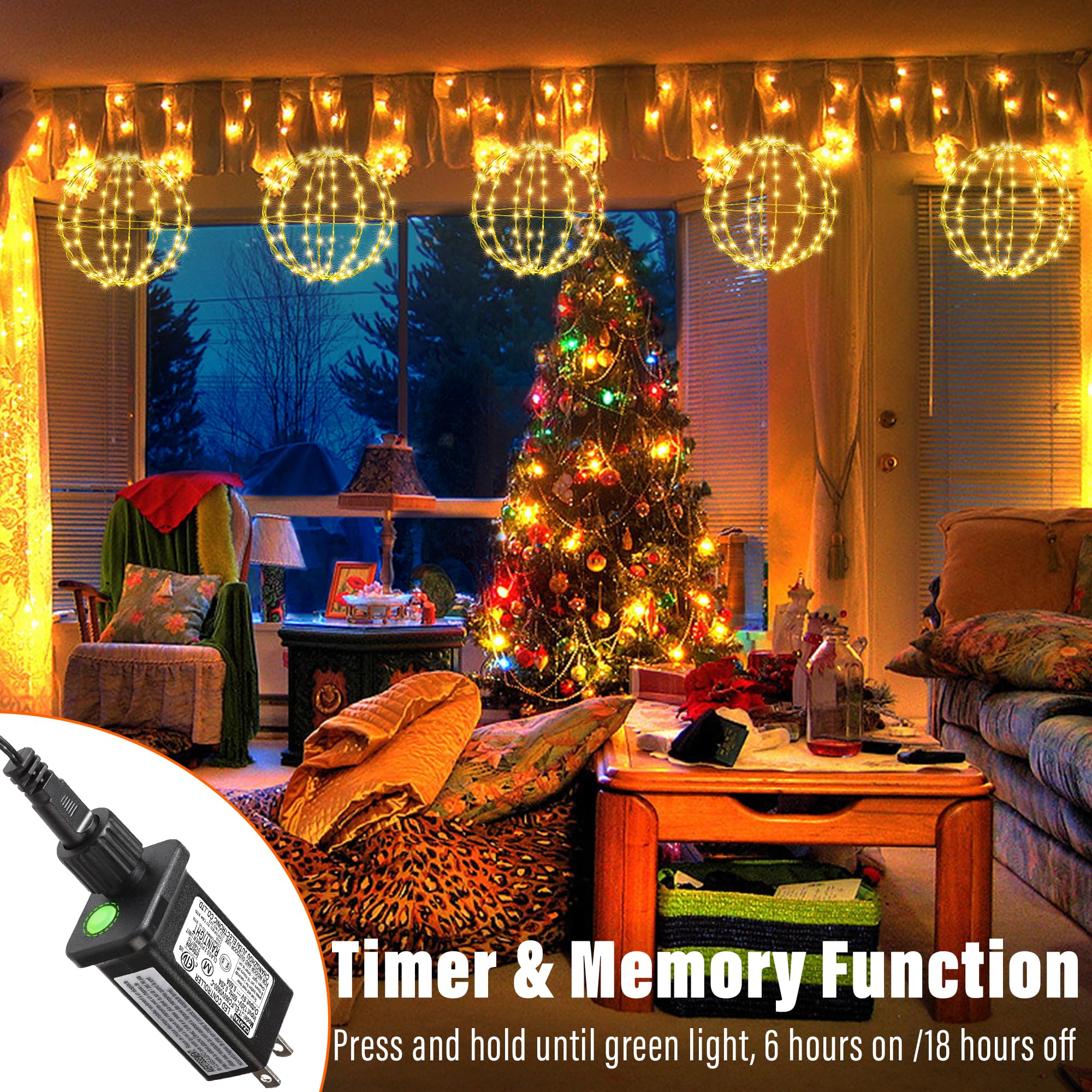 Flacchi Christmas Hanging Ball Lights Set of 2, Warm White, Waterproof, 8 Modes, SSM0120-S-6V, Indoor/Outdoor Fairy Lights