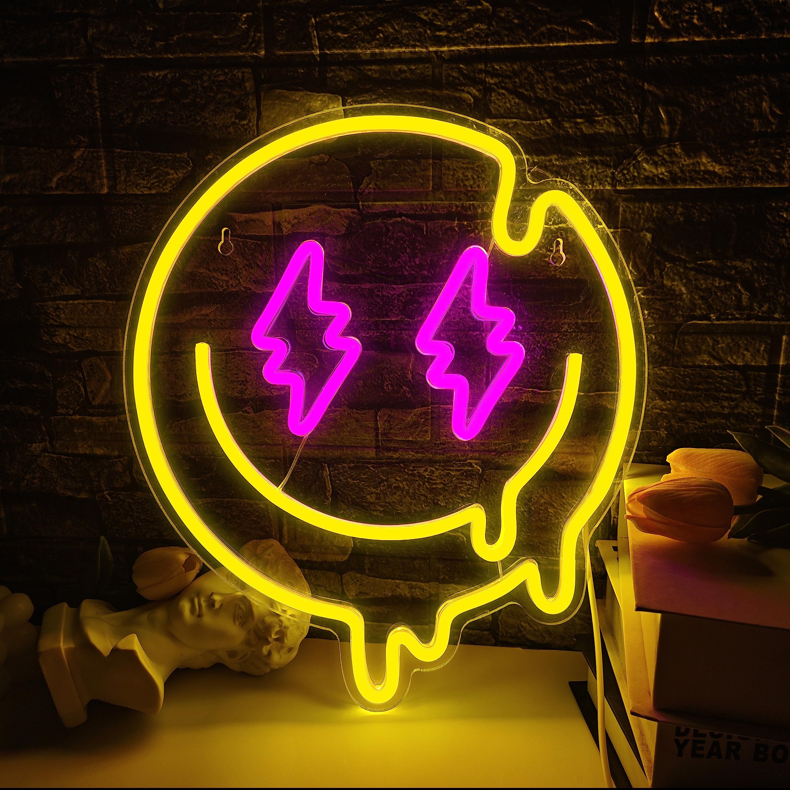JIARODEY Neon Sign - Dimmable Melted Smile Face Wall Decor - 14x12in - Acrylic - USB Powered - Kids Room/Party Decor