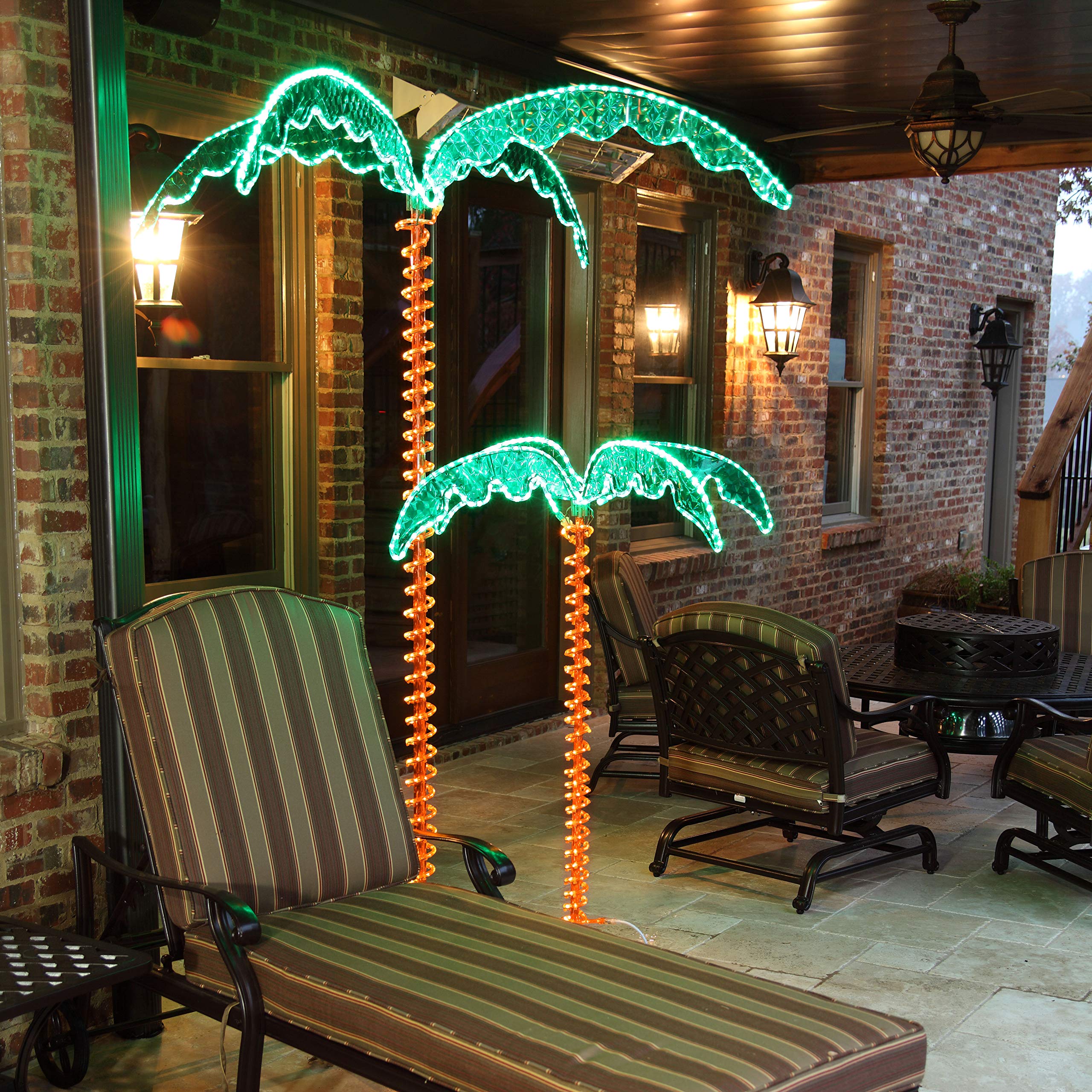 Wintergreen Lighting Deluxe Tropical LED Rope Light Palm Tree, 4.5ft, UV Protected PVC, Green and Amber Fronds, Lighted Holographic Trunk