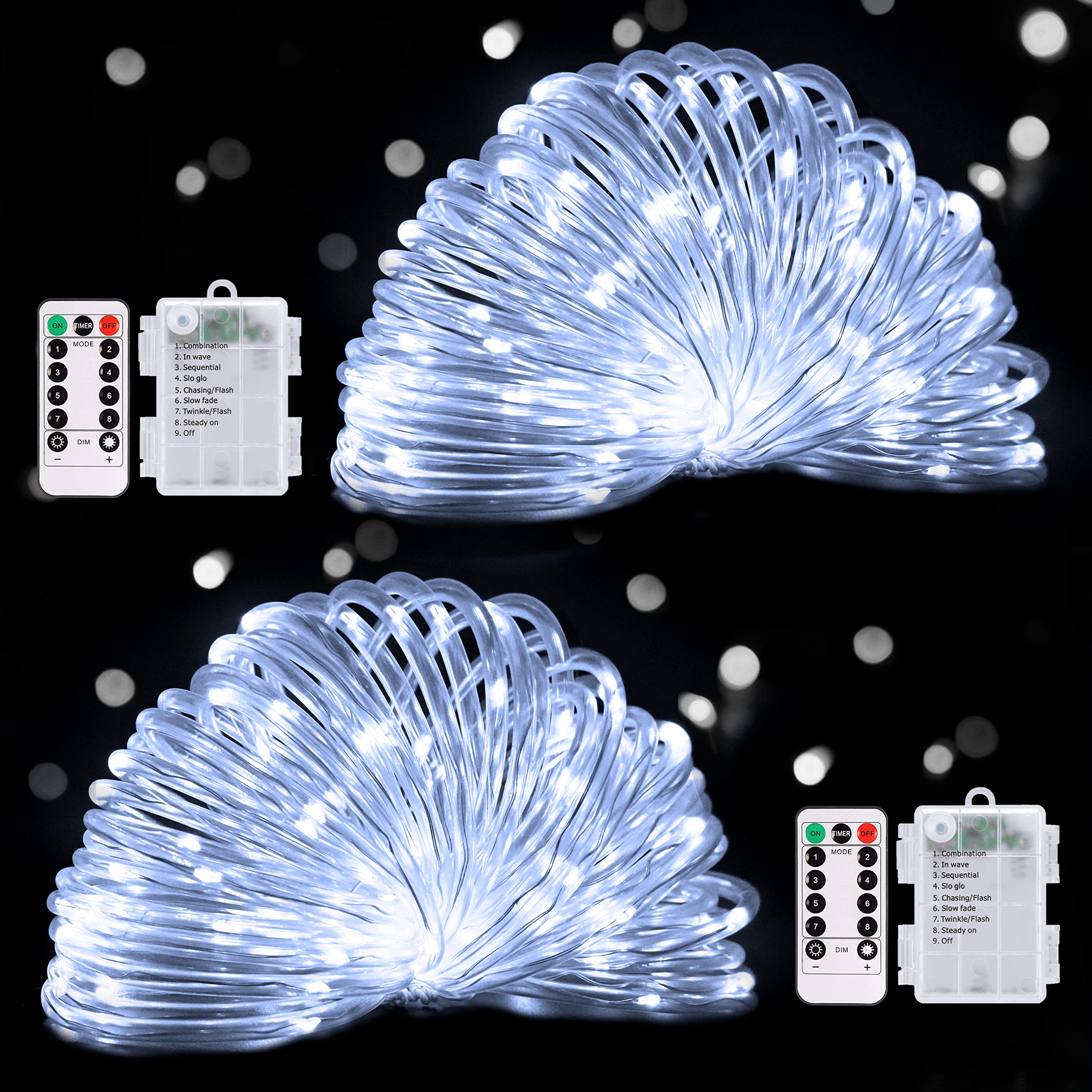 POTIVE 100 LED White Christmas Lights Battery Operated, Battery Rope Lights Outdoor Waterproof with Remote, 33Ft Battery Powered String Lights for Camping Tent Pool Garden Decorations (2 Pack)