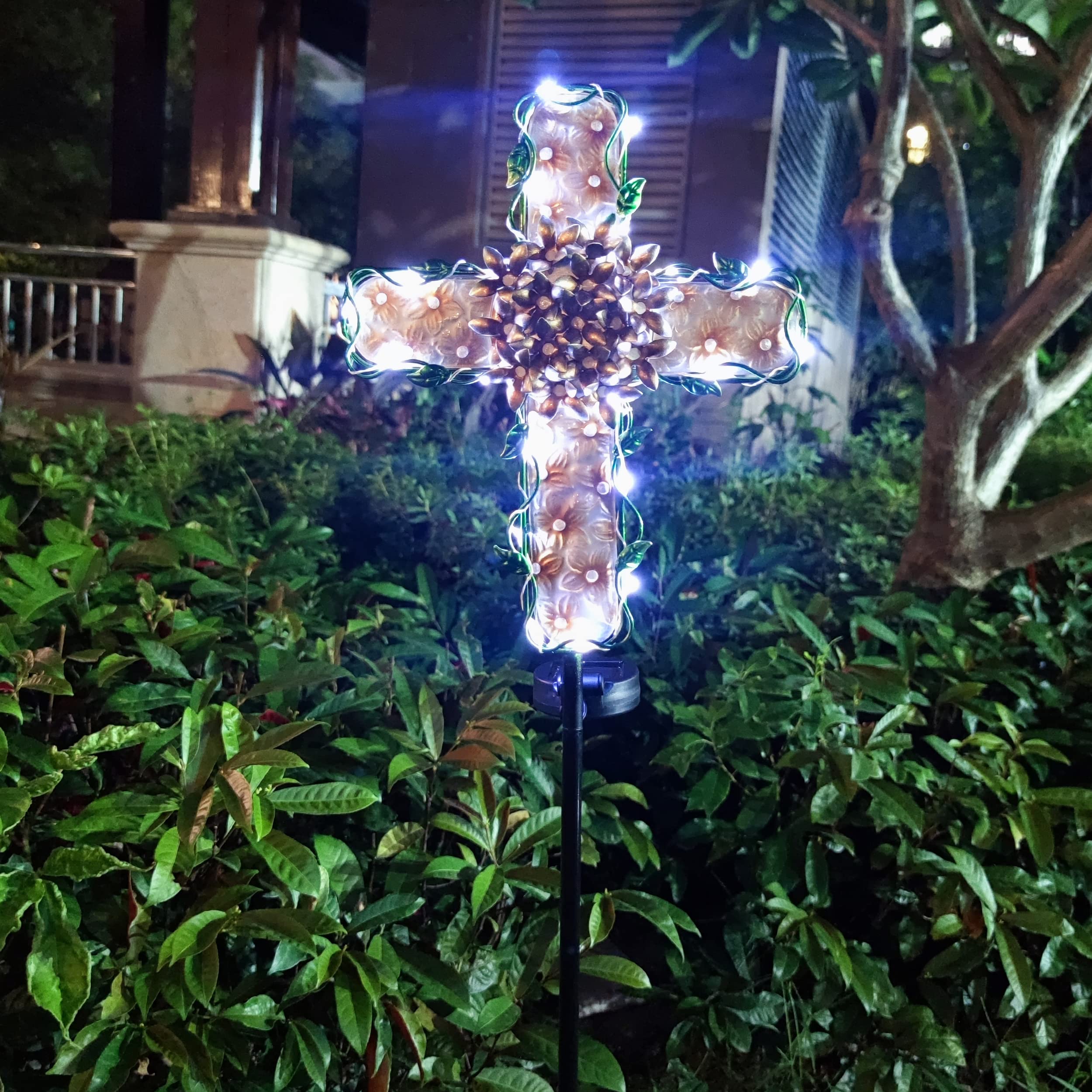 COOZZYHOUR Solar Cross Garden Lights - 38in Waterproof Metal & Glass, 20 White LEDs, Apricot Color, Model CZ-0029
