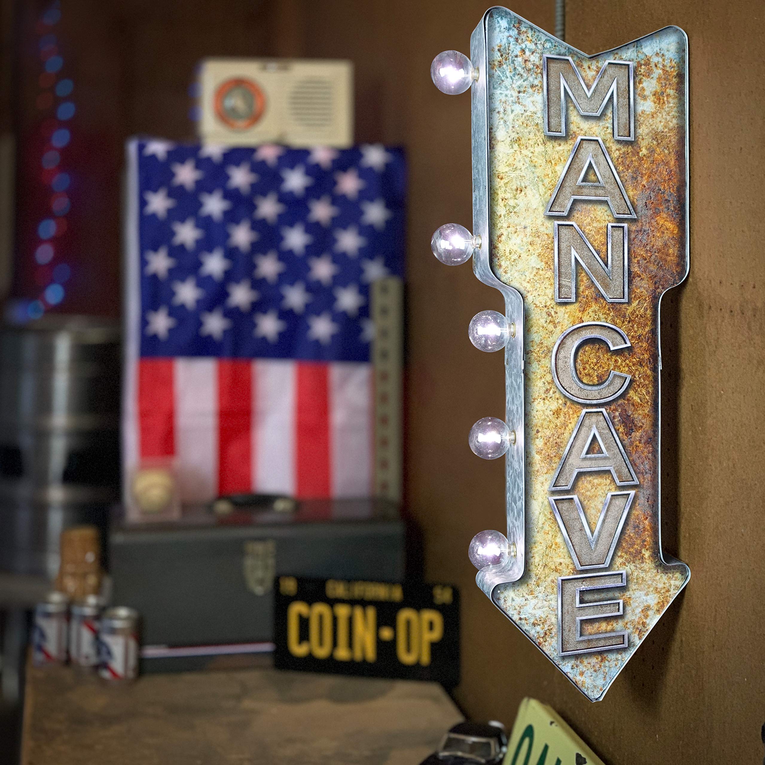 American Vintage Sign Co. Double-Sided Marquee Sign, Metal, 26” x 3” x 8”, LED Bulbs, Retro Inspired, Man Cave Decor, Model AVSC-500