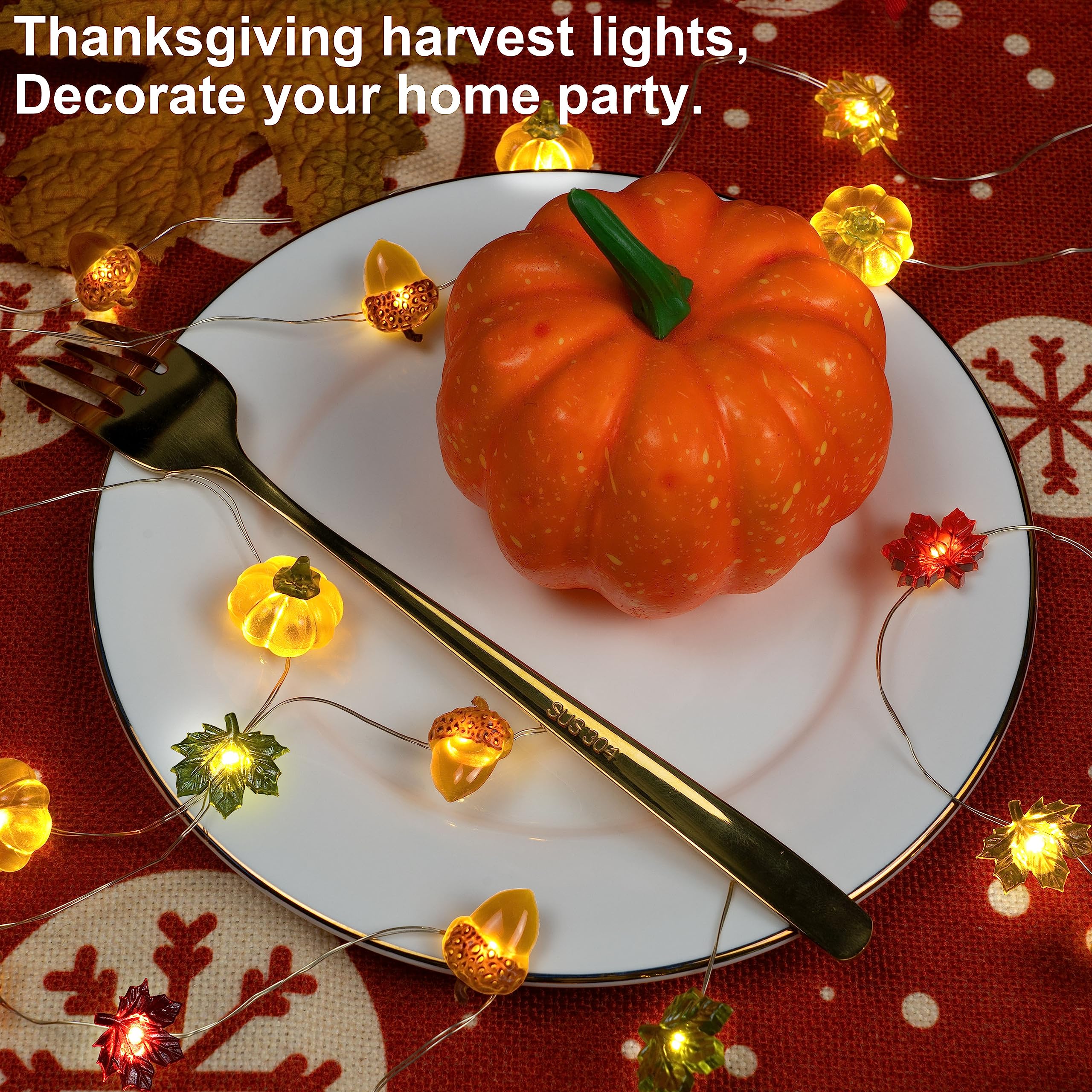 KAiSnova 10FT 30 LED String Lights, Pumpkin Maple Acorn, Battery Operated Fall Decorations for Home and Parties