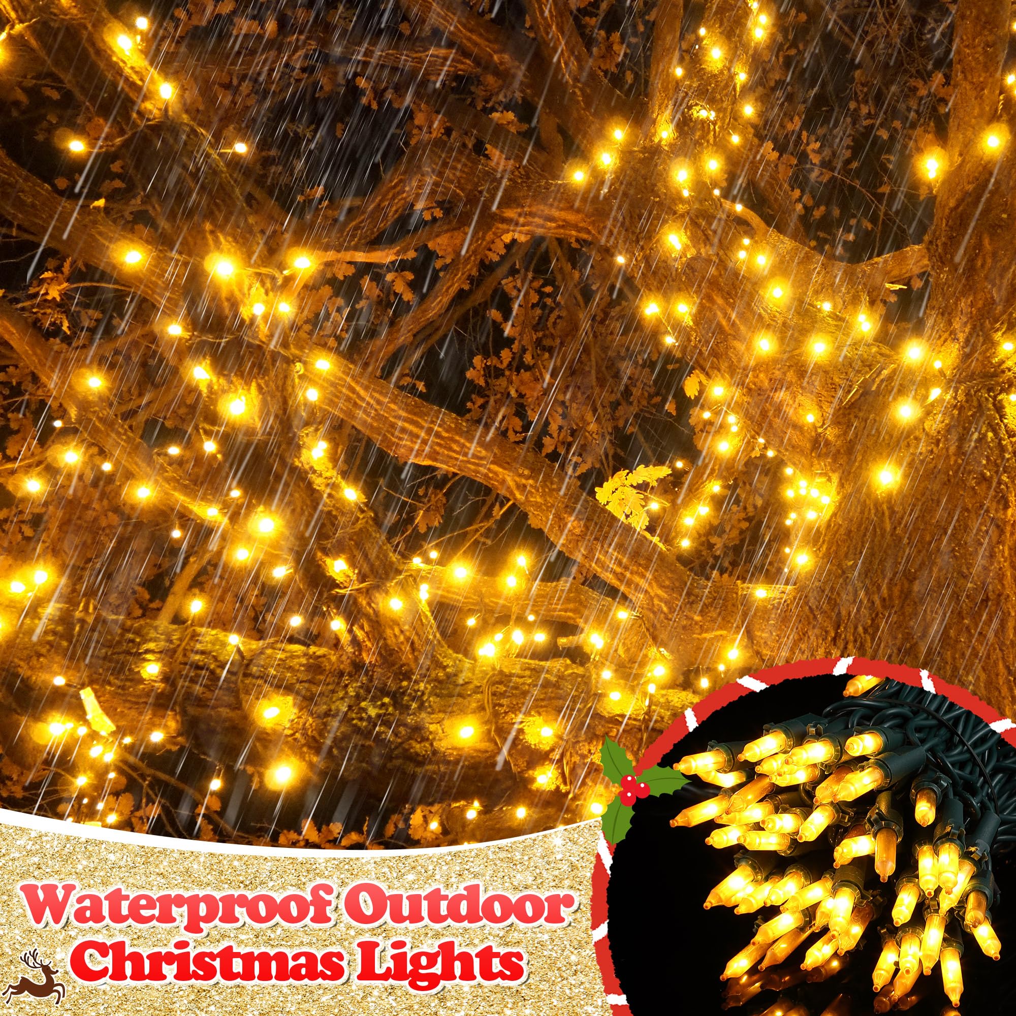 Enhon Twinkling Christmas Lights, 76.2 FT, 300 Random Bulbs, Waterproof, Gold, Model LCH7-100L/2F