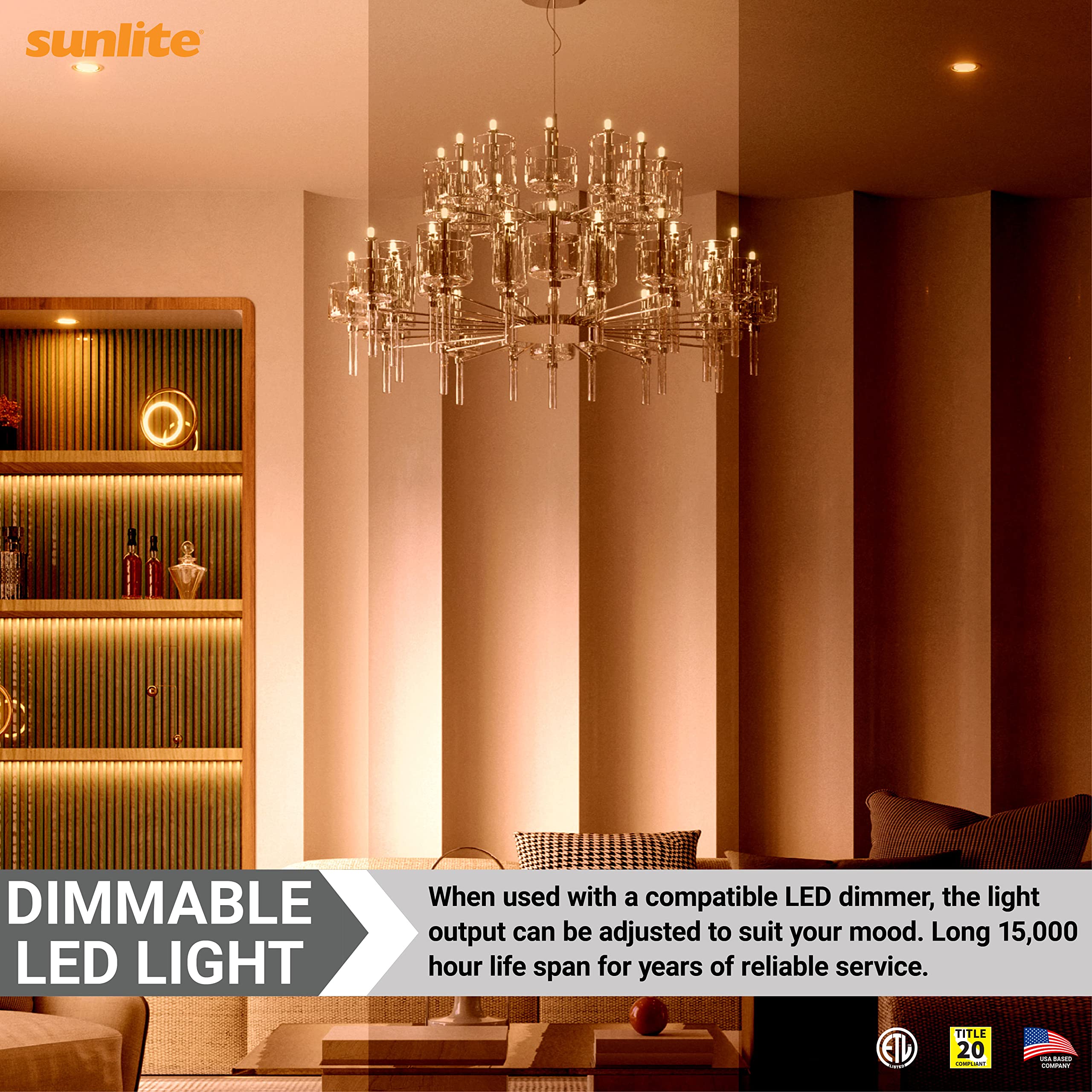 Sunlite LED B13 Chandelier Light Bulb, 7W (60W Equivalent), 500 Lumens, Dimmable, E12 Base, 2700K Soft White, 6