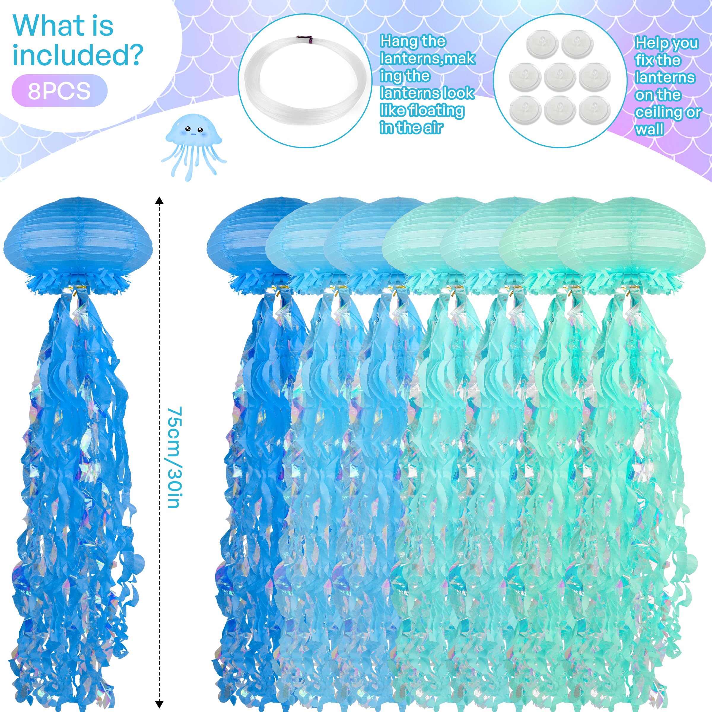 Bisanzoya 8 pcs Jellyfish Paper Lanterns, Metal, Dark Blue + Light Blue + Tiffany Blue, Hanging Decorations for Ocean Birthday Party