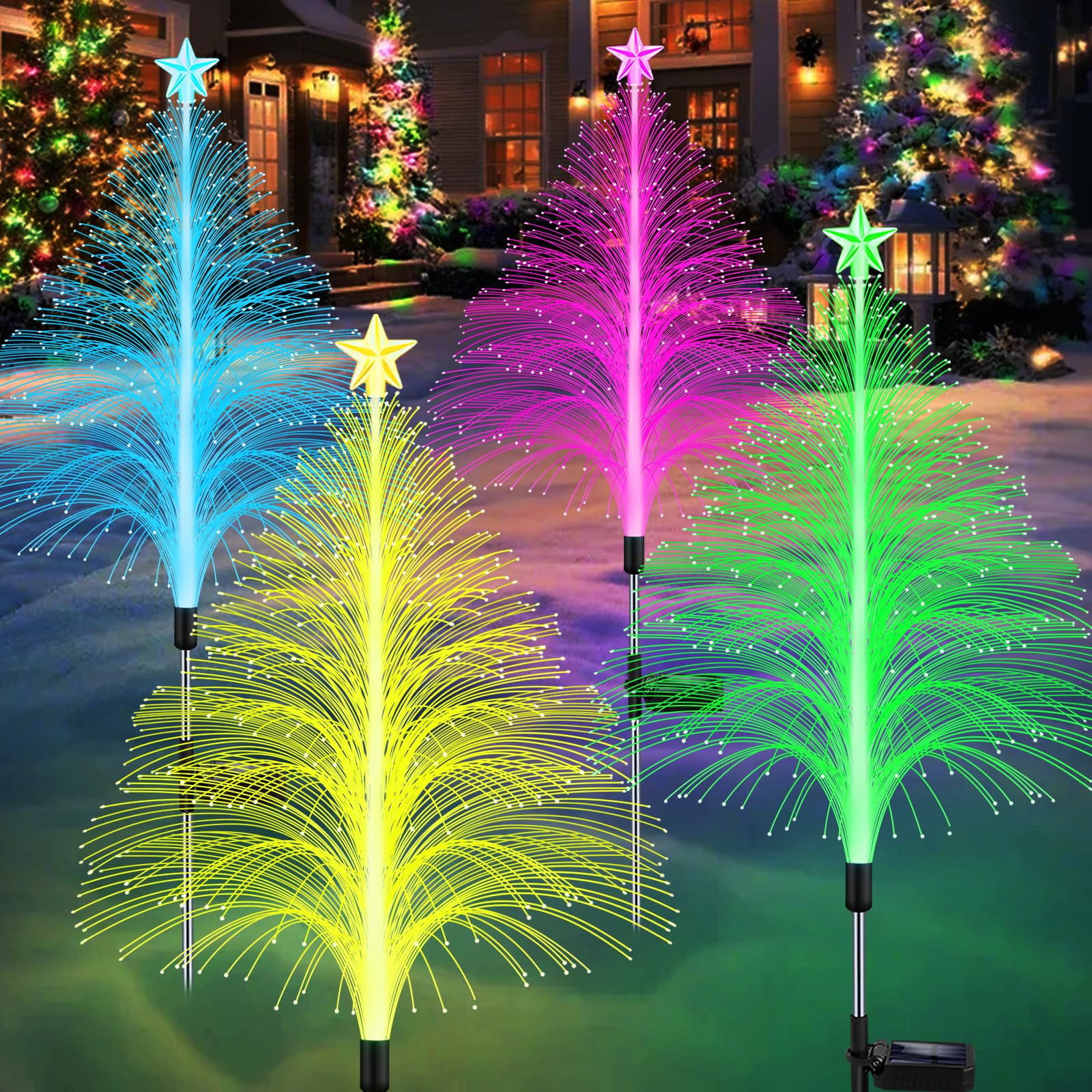 MRHEPHAESTUS Solar Christmas Decorations, 4 Pack 38.5 Inch Multicolor Jellyfish Lights, Optical Fiber for Outdoor Yard Garden Decor