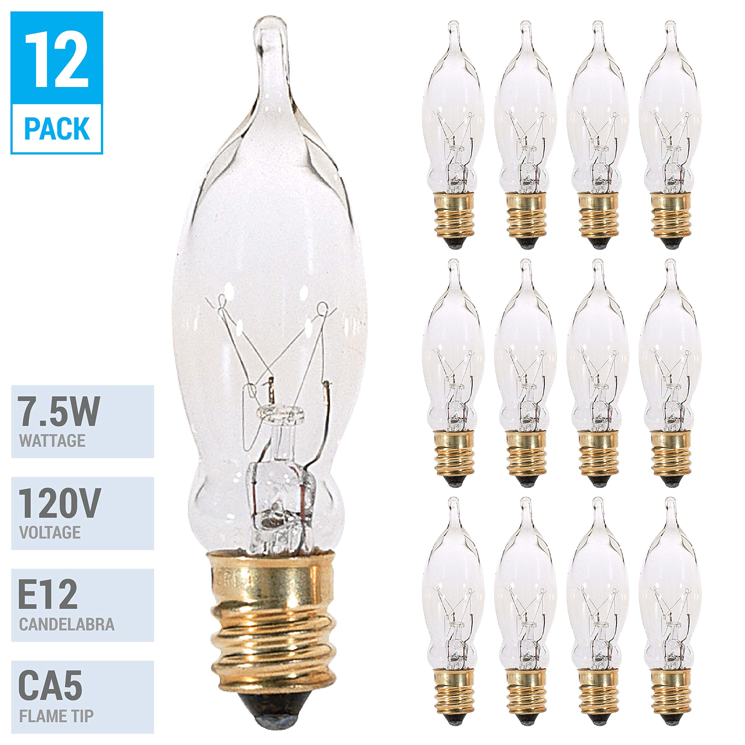 Kor (12 Pack) 7.5Cfc/15/3 7.5W 120 Volt, Flame Candelabra Tip Chandelier Bulb, Clear Ca5 Incandescent, Petite Decorative Lamp, E