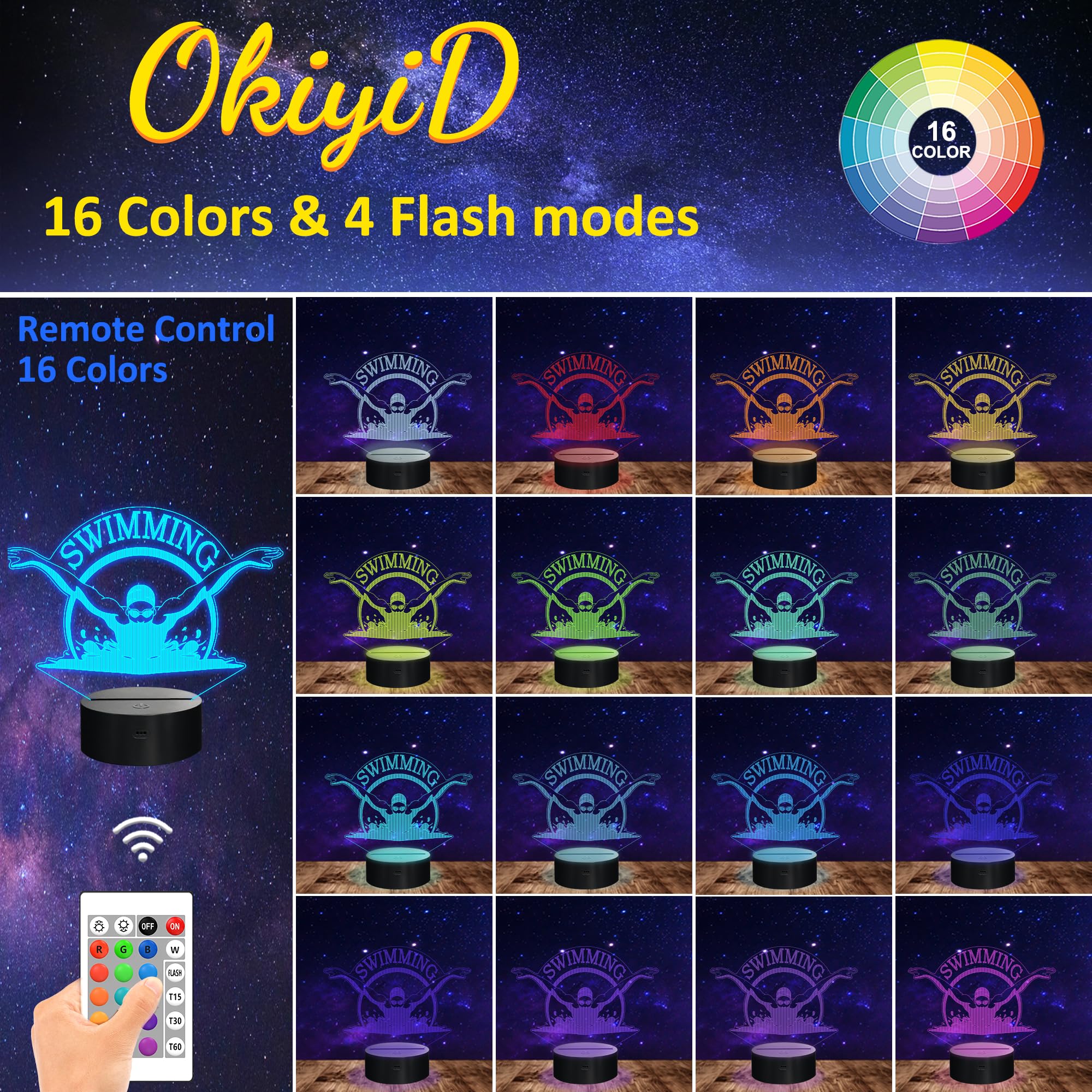 OkiyiD 3D Illusion Lamp Night Light for Kids, Swimmer Decor, 16 Colors Remote, Acrylic, Model FS-2810-9999, Color 11