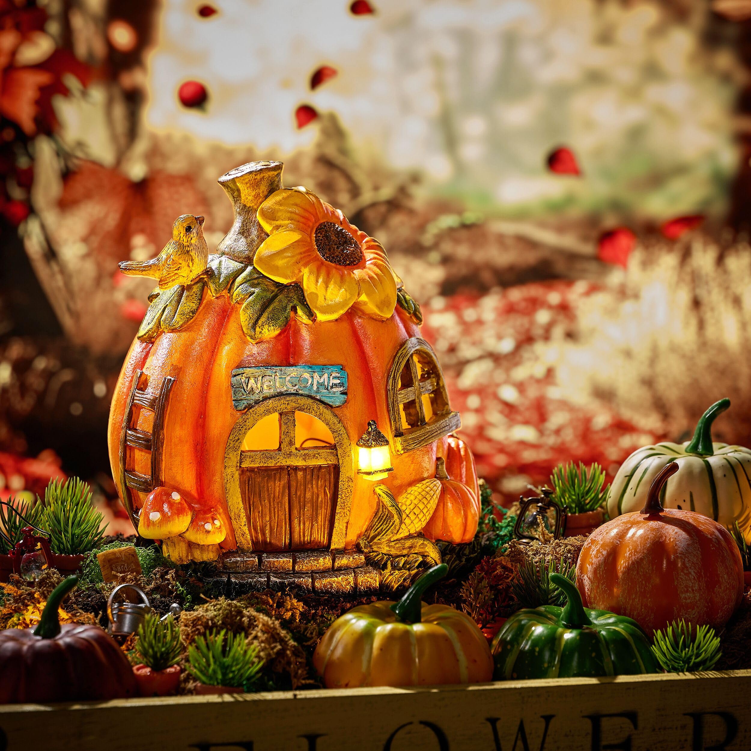 TERESAS COLLECTIONS Pumpkin Fairy House with Solar Lights, 7.6in Waterproof Resin Fall Decor, Orange