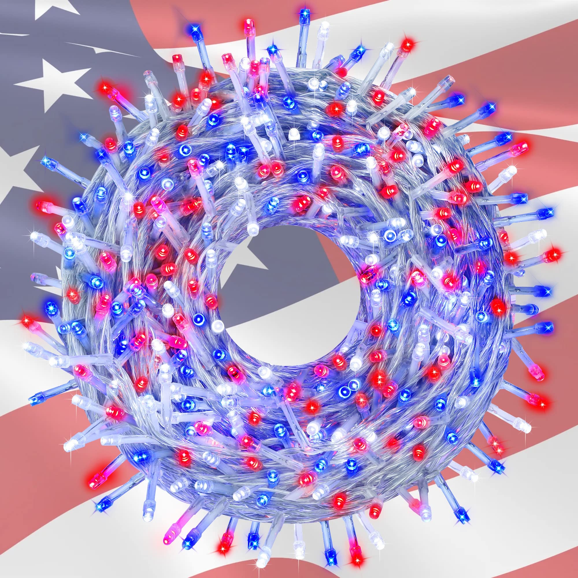 kemooie 500 LED String Lights, 164FT, Red White Blue, 8 Twinkle Modes, Waterproof for 4th of July Decorations