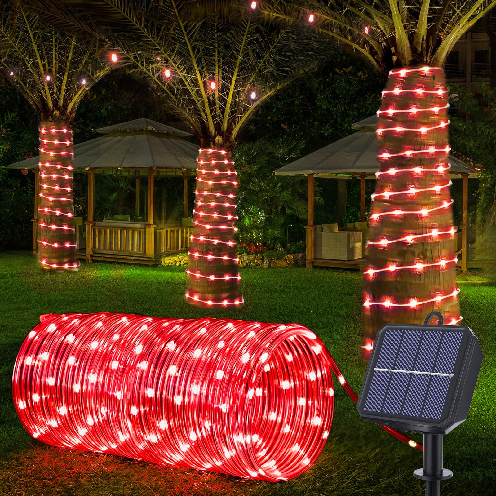 Jnaurb Solar Rope Lights, 66ft 200LED Waterproof Outdoor String Lights, Flexible Clear Tube, Red