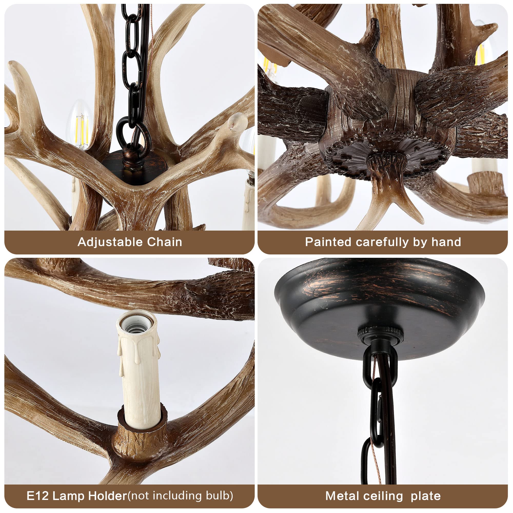 Olhapzp Antlers Chandelier 6 Light, Deer Chandelier Fixtures, Rustic Farmhouse Horn Antler Lighting For Living Room Bedroom Dini