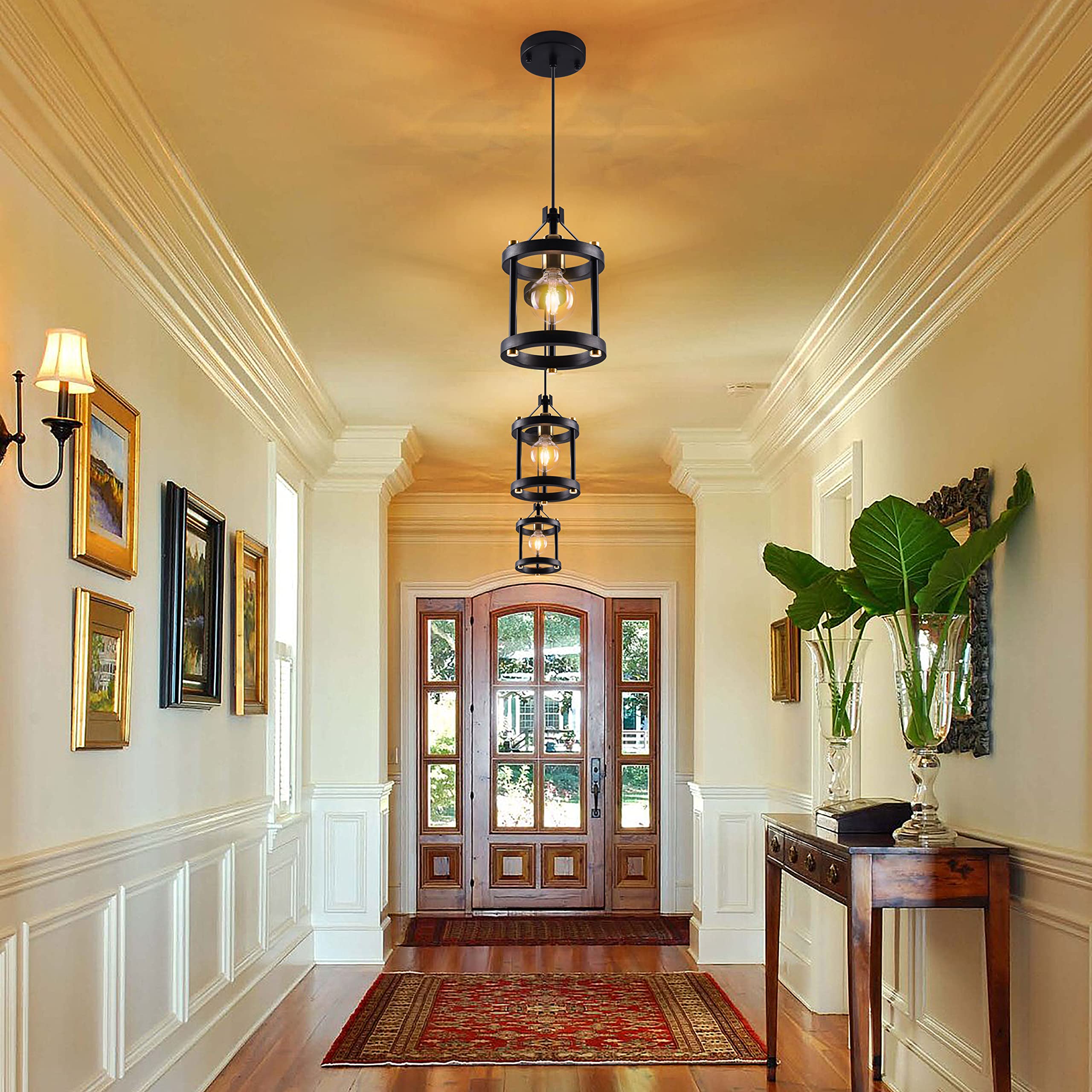 Mo&Ok Vintage Chandelier Set Of 3, Black Wooden Metal Pendant Lights For Dining Room & Kitchen