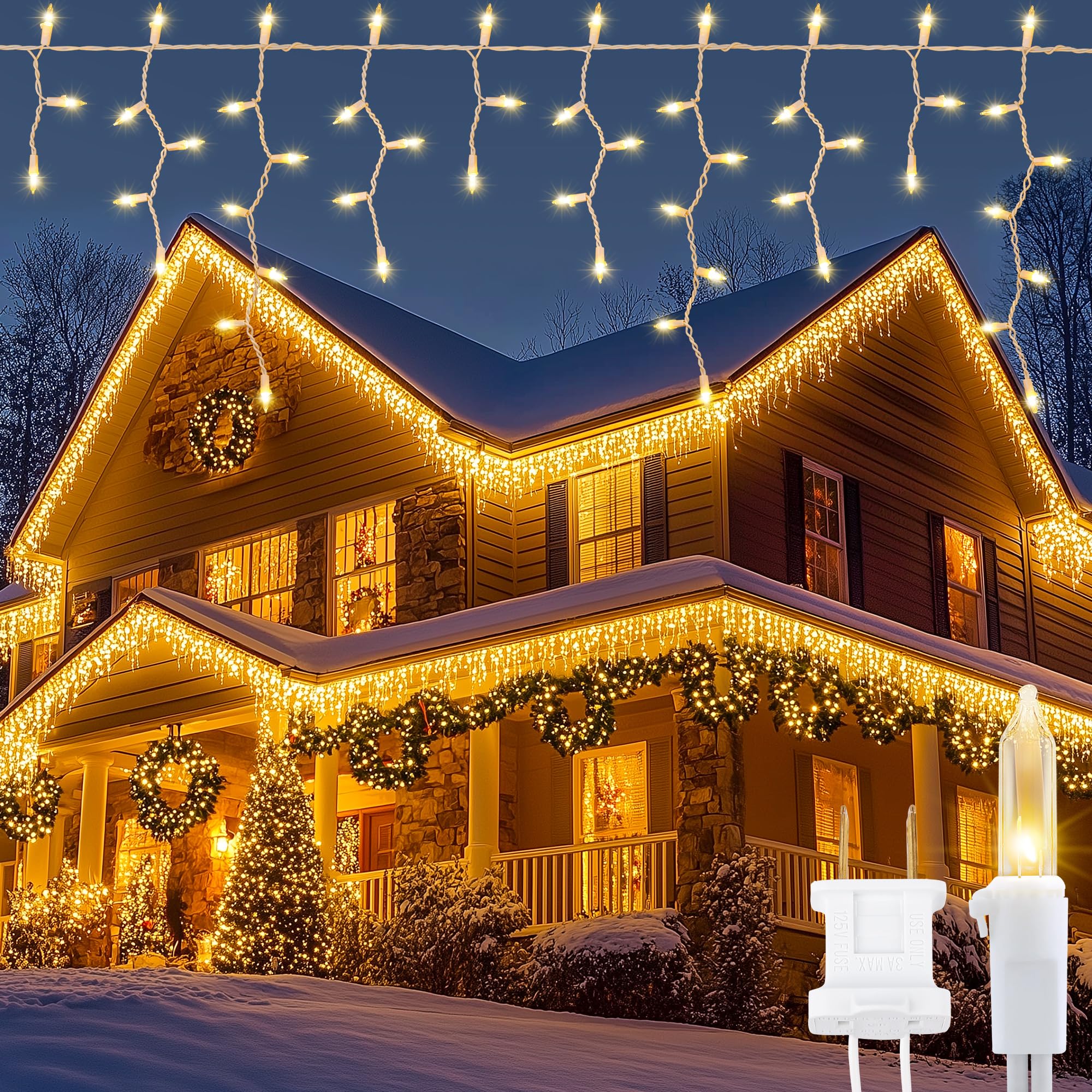 Oopswow Icicle Lights Outdoor, 23Ft 200 Connectable Icicle Christmas Lights,Warm White Plug In Curtain String Lights For Indoor Wedding Party Holiday Xmas Yard Patio Window Decorations