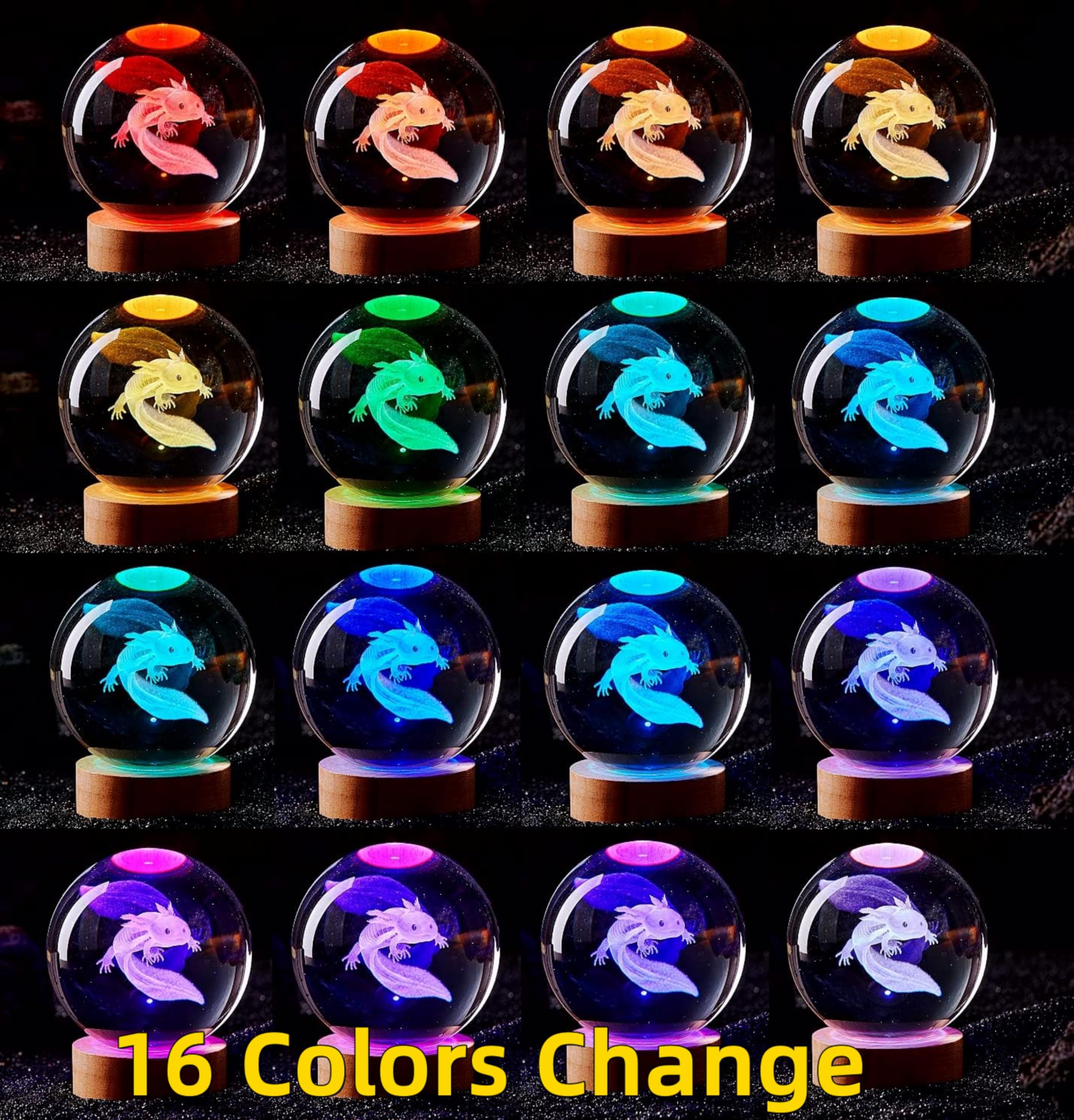 3D Axolotl Crystal Ball Lamp, Upgraded 3.15 Inch Crystal Ball Night Light With 16 Colors Led Wooden Base, Remote Control, Gift B