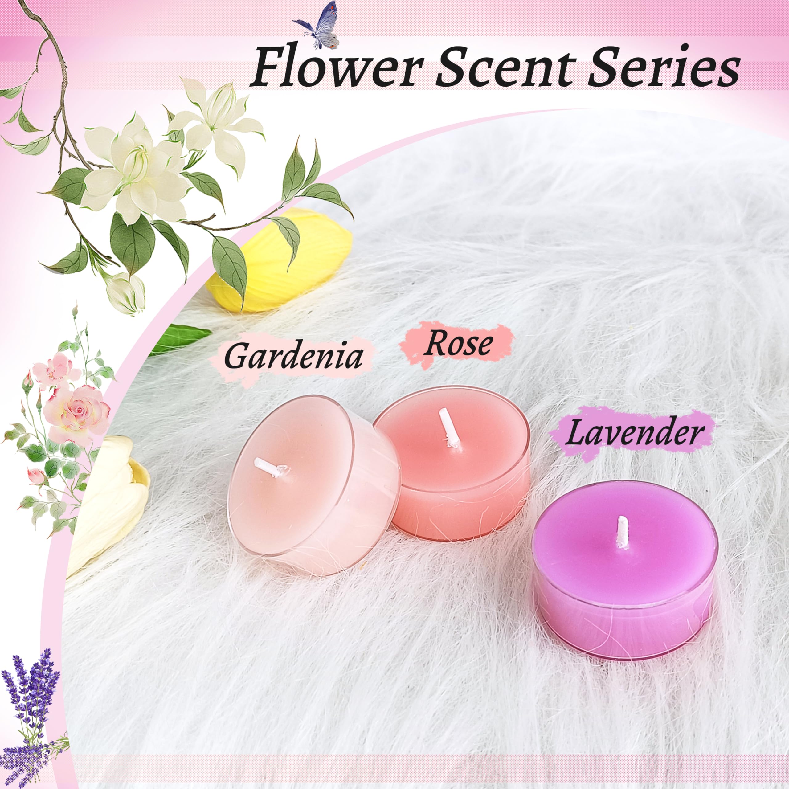 Floral Scented Tealight Candles, Lavender Rose Gardenia Scent Tea Lights Candles Clear Cup, 24 Pack Colored Tealights Candle, 6