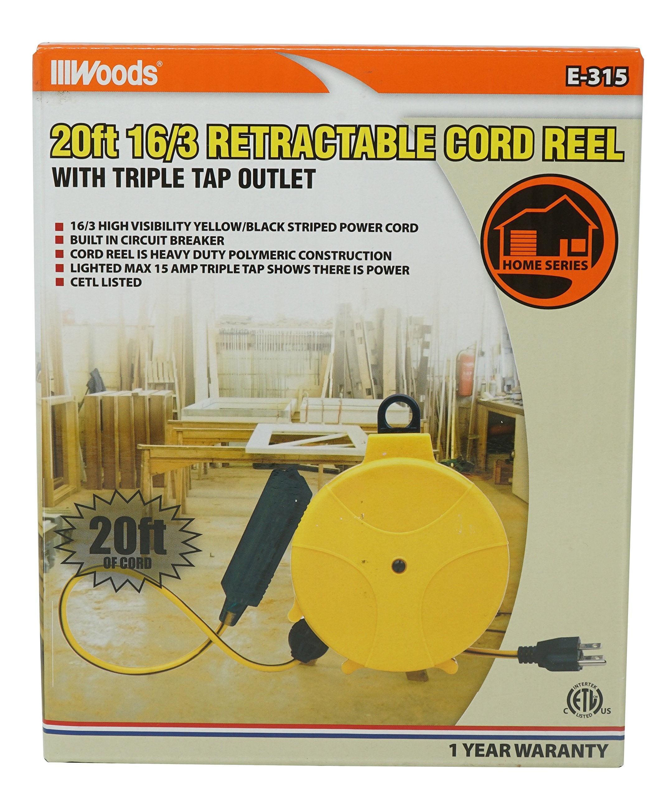 Designers Edge E315 Retractable Extension Cord Reel, 20 ft, Yellow, Blend Material