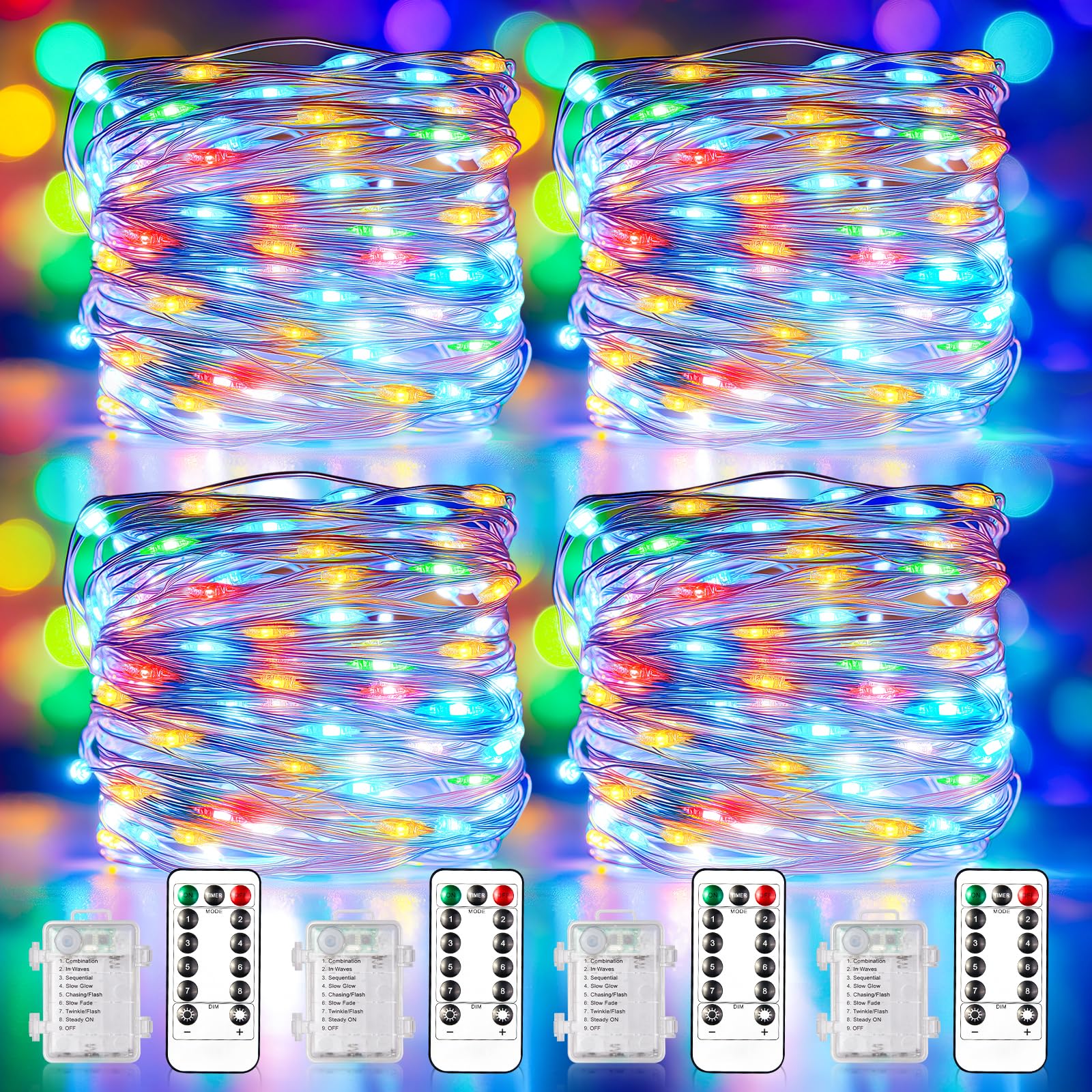 WdtPro Fairy Lights Battery Operated with Remote, 33Ft 100 LED Battery Powered String Lights with Timer, Outdoor Waterproof 8 Modes Twinkle Lights for Bedroom Indoor Christmas Decor Multicolor, 4 Pack