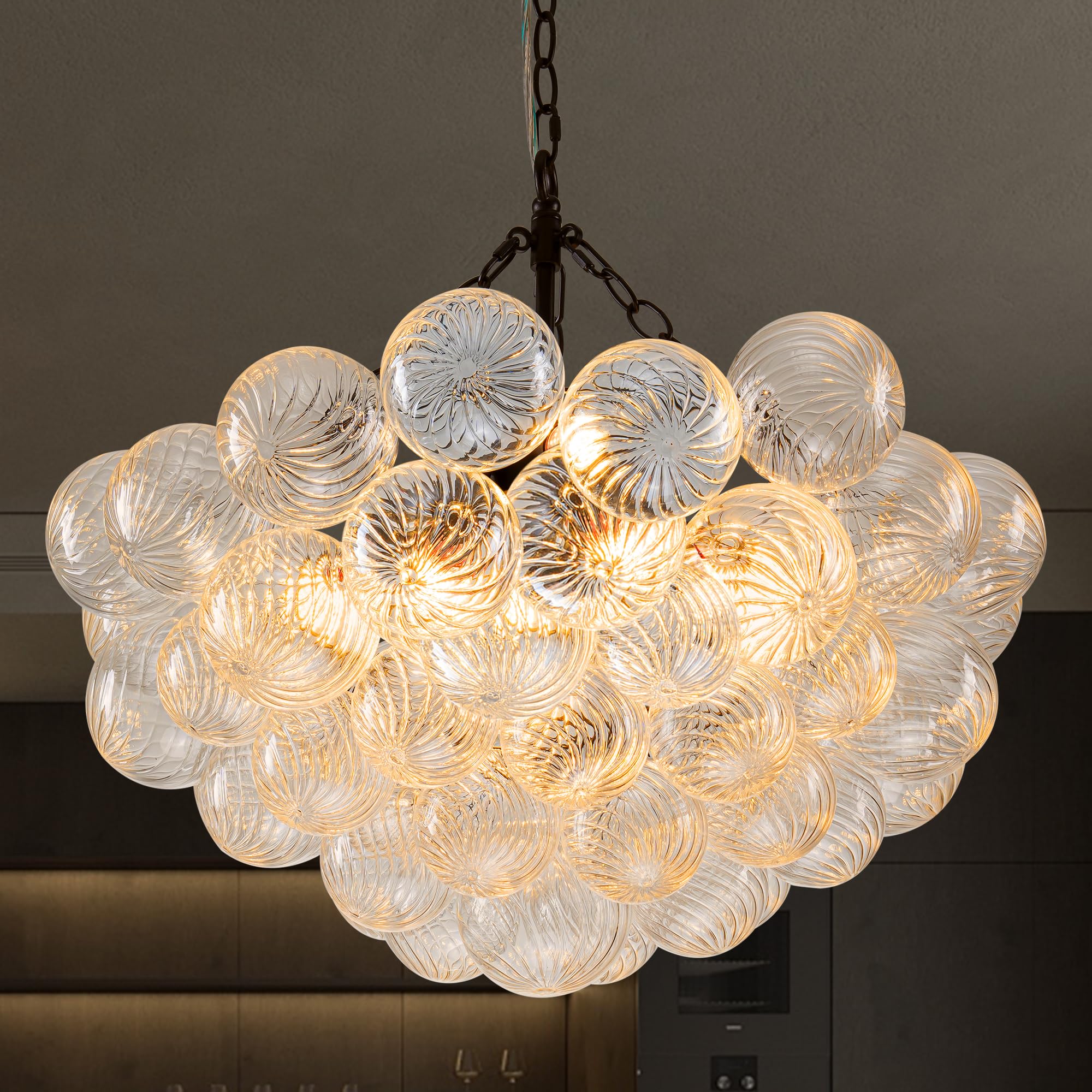 BeyPan Bubble Ball Swirled Glass Chandelier Black Finish Clear Ribbed Blown Glass Globe 24'' Dia Pendant Light Fixture for Bedro