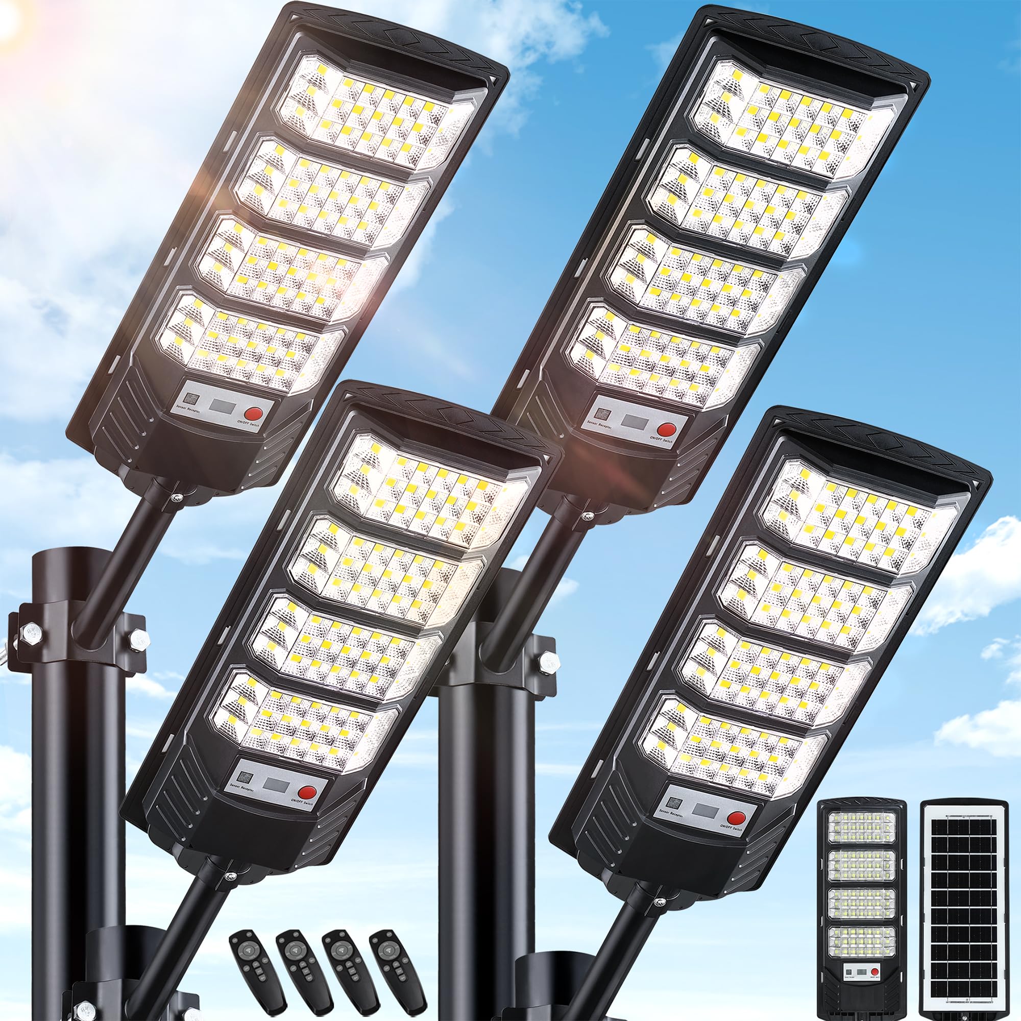 4 Pack Solar Street Lights Outdoor Waterproof  20000Lm 6500K Led Solar Motion Sensor Light Outdoor  Dusk To Dawn Flood Lights Remote Control  Commercial Area Parking Lot Light