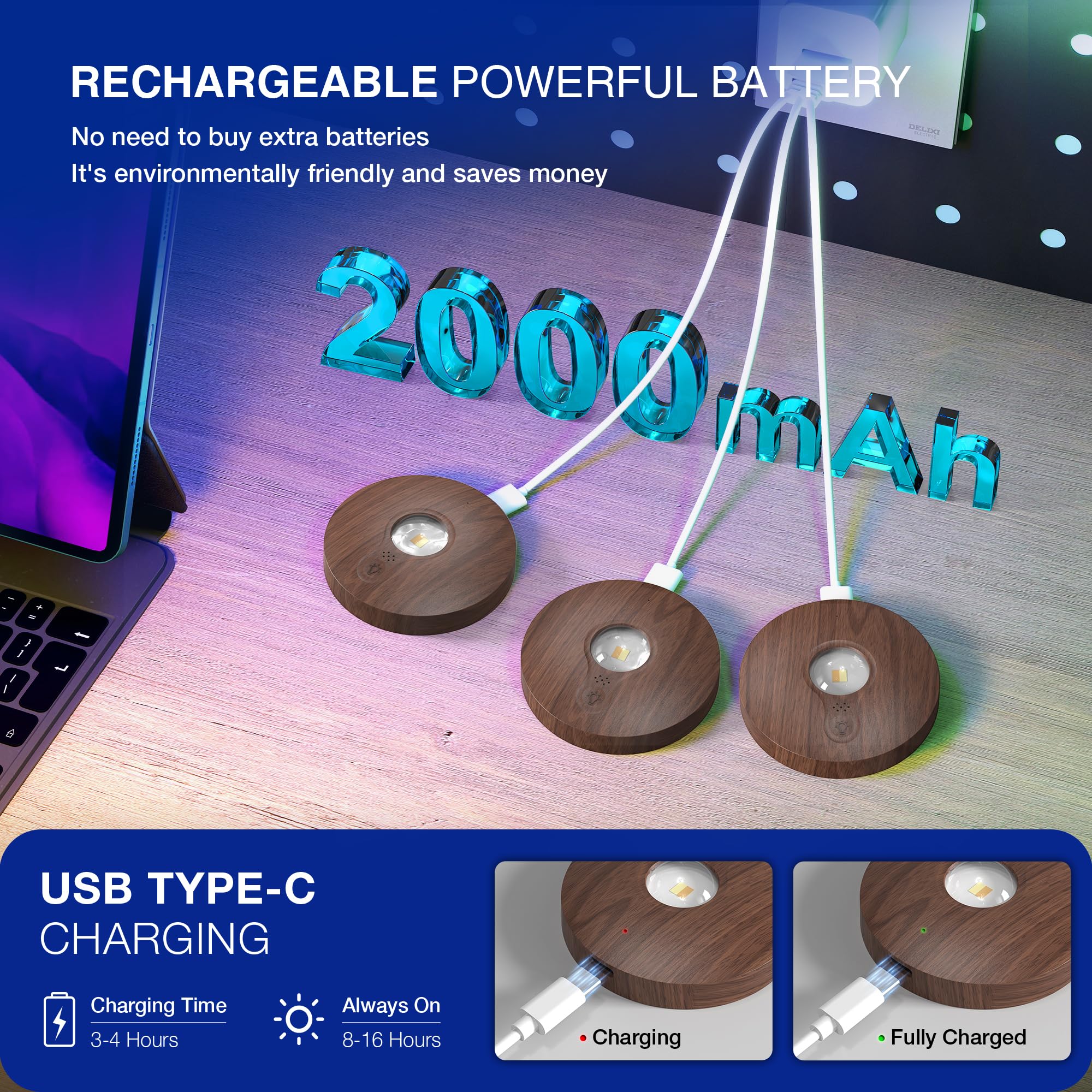 UNUSROOM Rechargeable Puck Lights with Remote Control, 2000mAh Battery, Dimmable, LED, Dark Wood, Model T065, 3-Pack