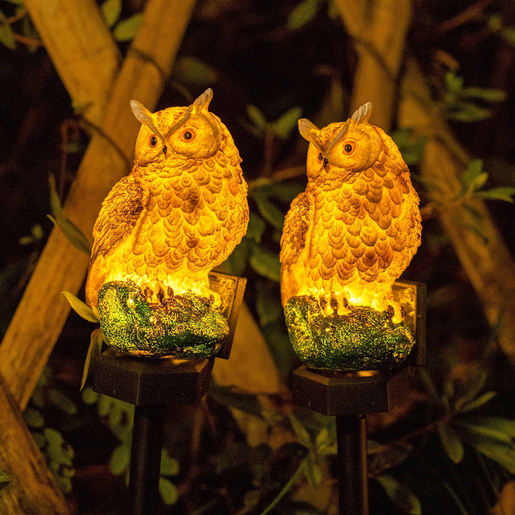 Dazzle Bright Owl Solar LED Lights, Brown Resin Garden Decor, Waterproof Outdoor 2 Pack